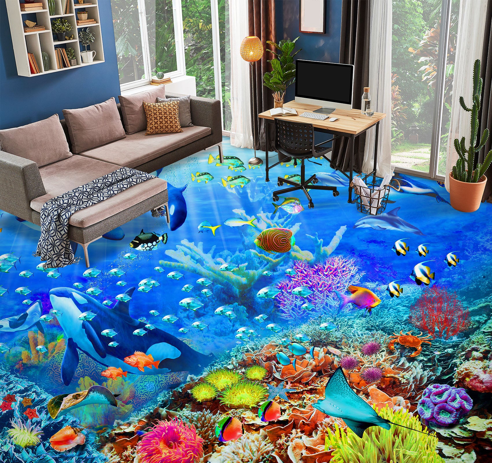 3D Ocean Whale Colorful Coral 96213 Adrian Chesterman Floor Mural  Wallpaper Murals Self-Adhesive Removable Print Epoxy