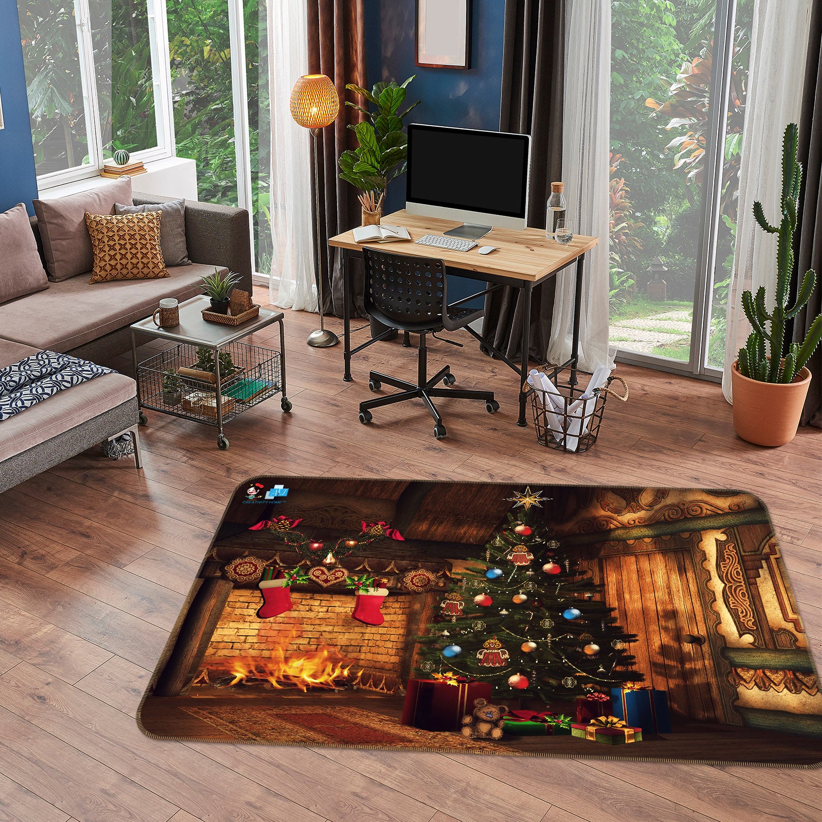 3D Fireplace Tree Socks 56216 Christmas Non Slip Rug Mat Xmas