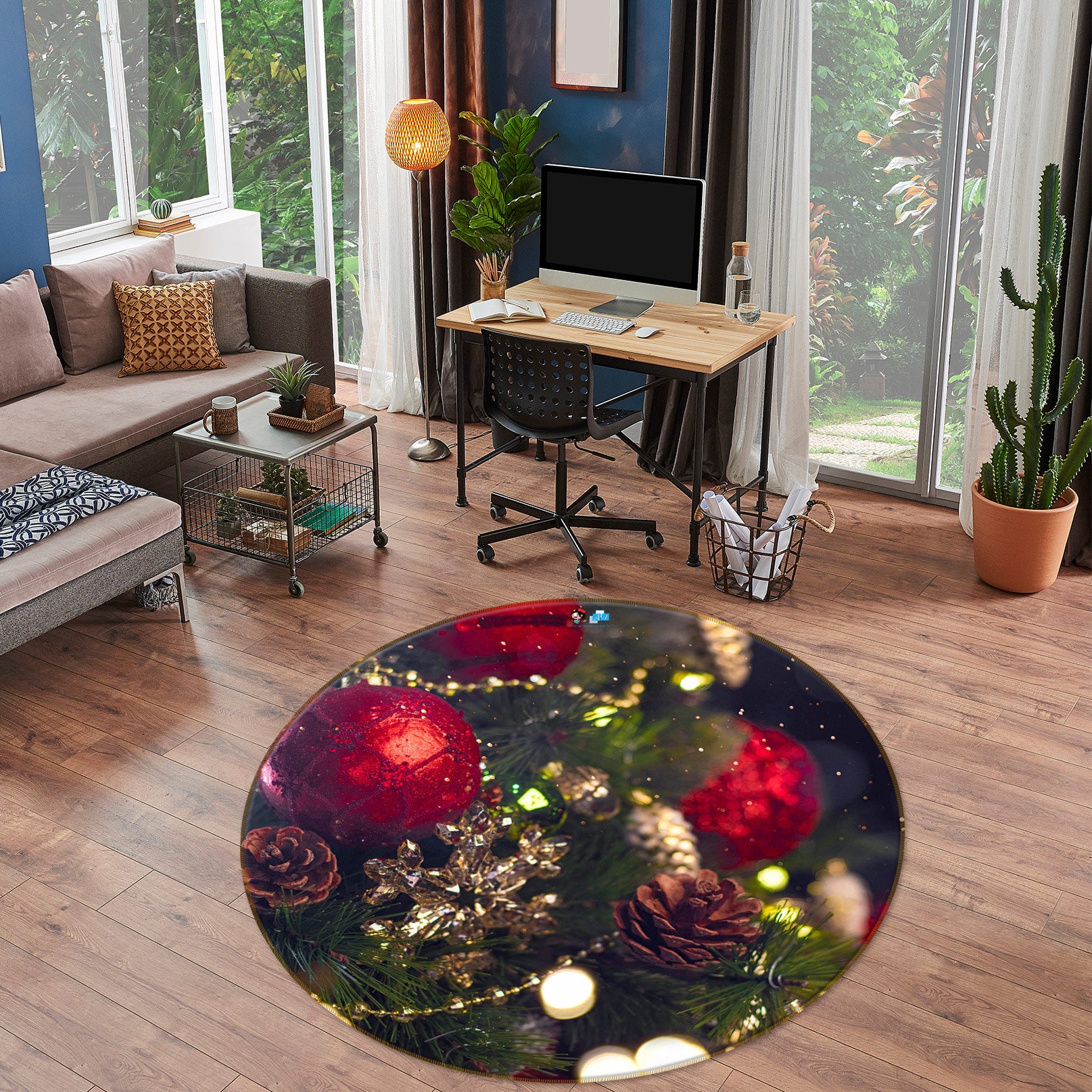 3D Red Ball 55248 Christmas Round Non Slip Rug Mat Xmas