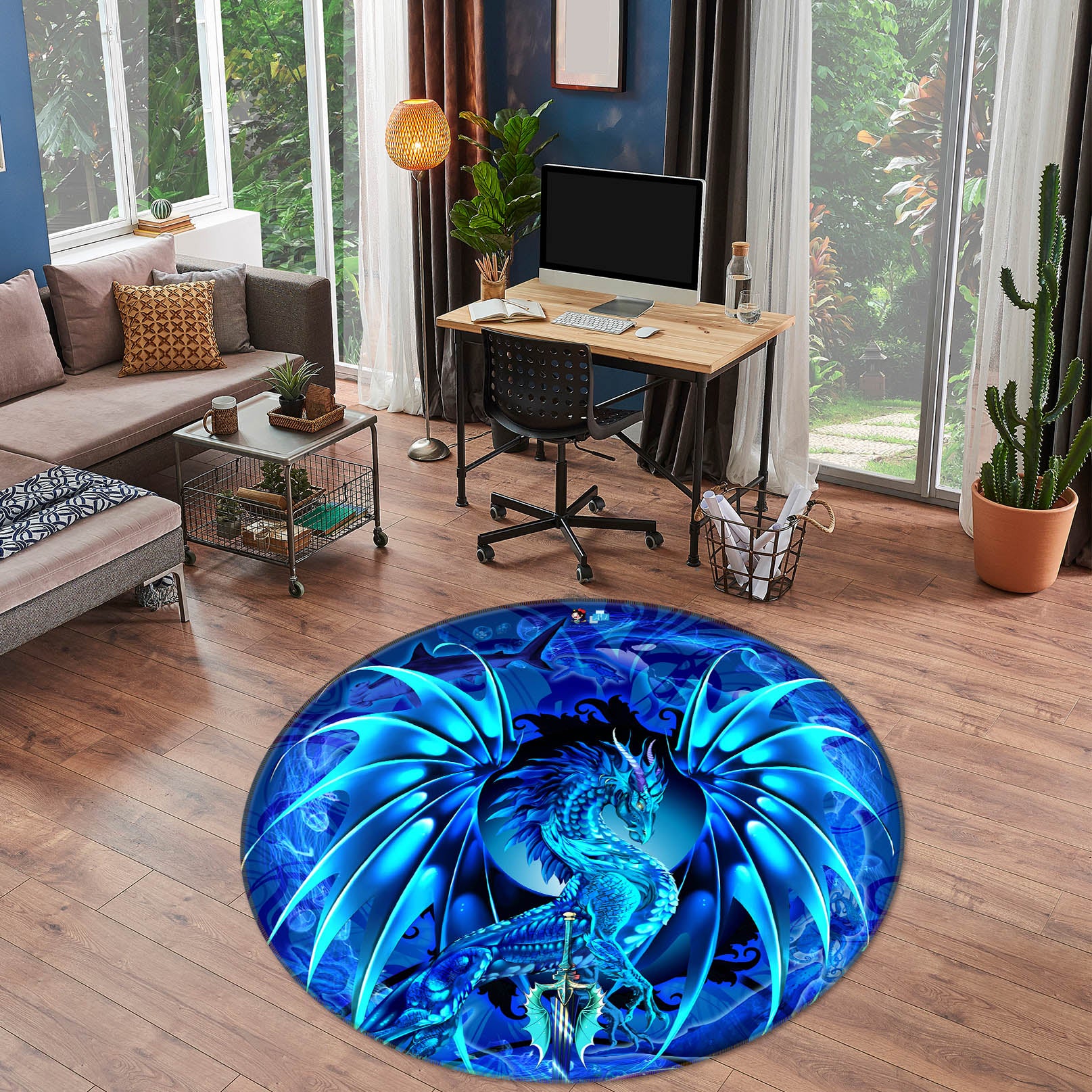 3D Blue Dragon 8375 Ruth Thompson Rug Round Non Slip Rug Mat