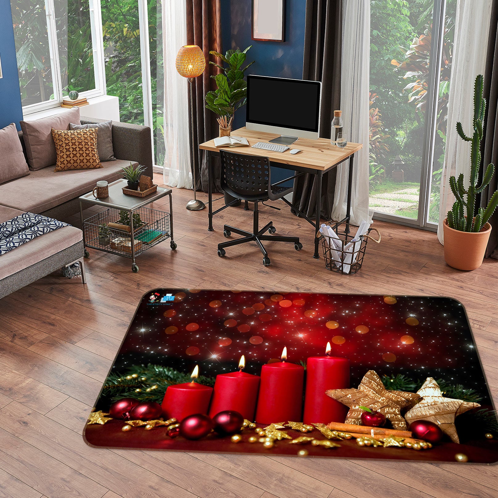 3D Red Candle Yellow Star 56101 Christmas Non Slip Rug Mat Xmas