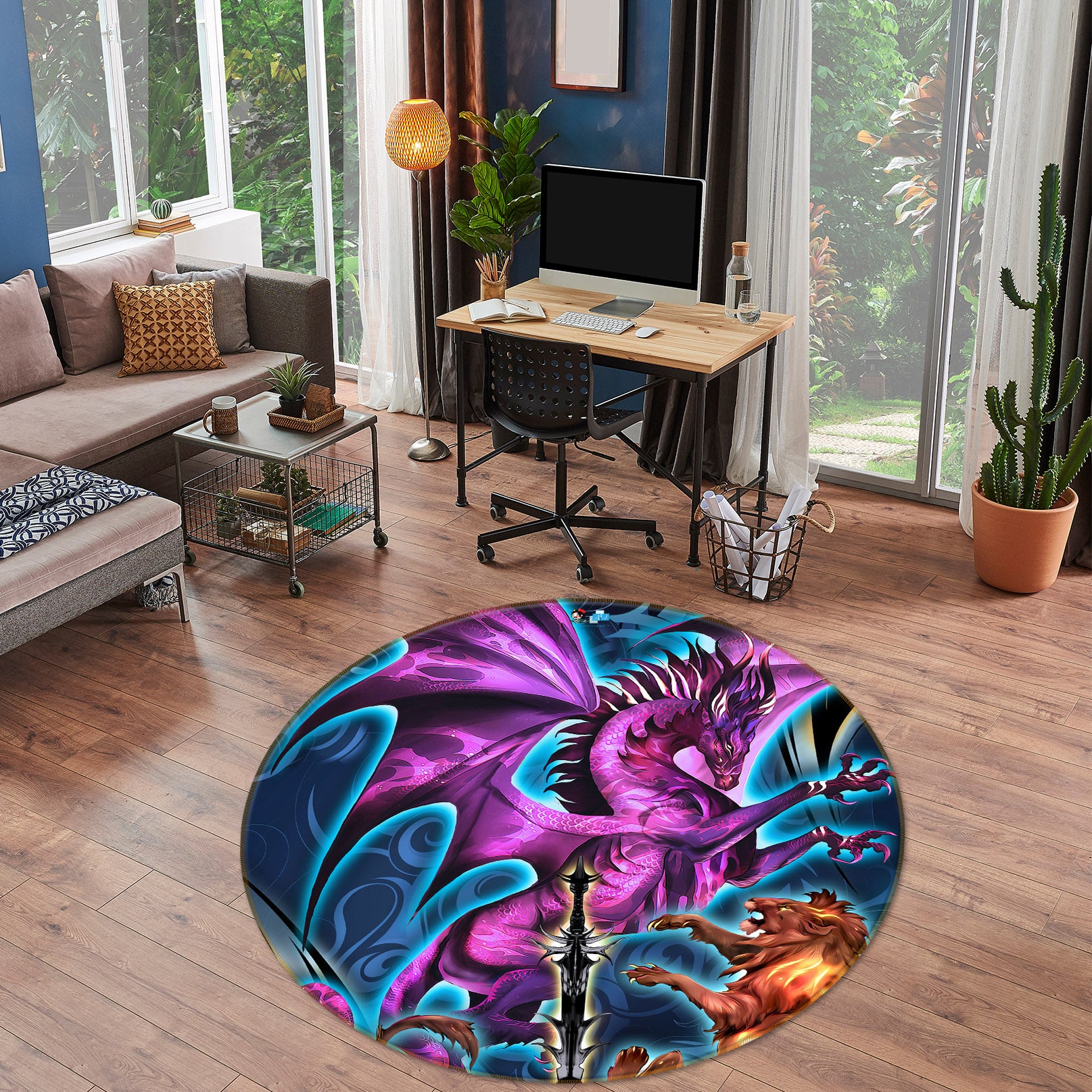 3D Dragon Lion 8365 Ruth Thompson Rug Round Non Slip Rug Mat