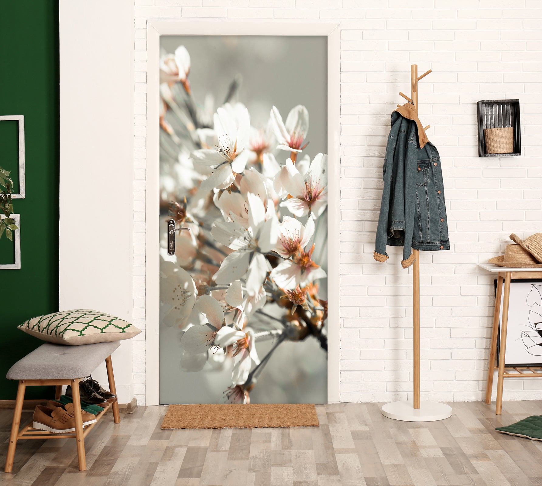 3D White Flowers Branch 106221 Assaf Frank Door Mural