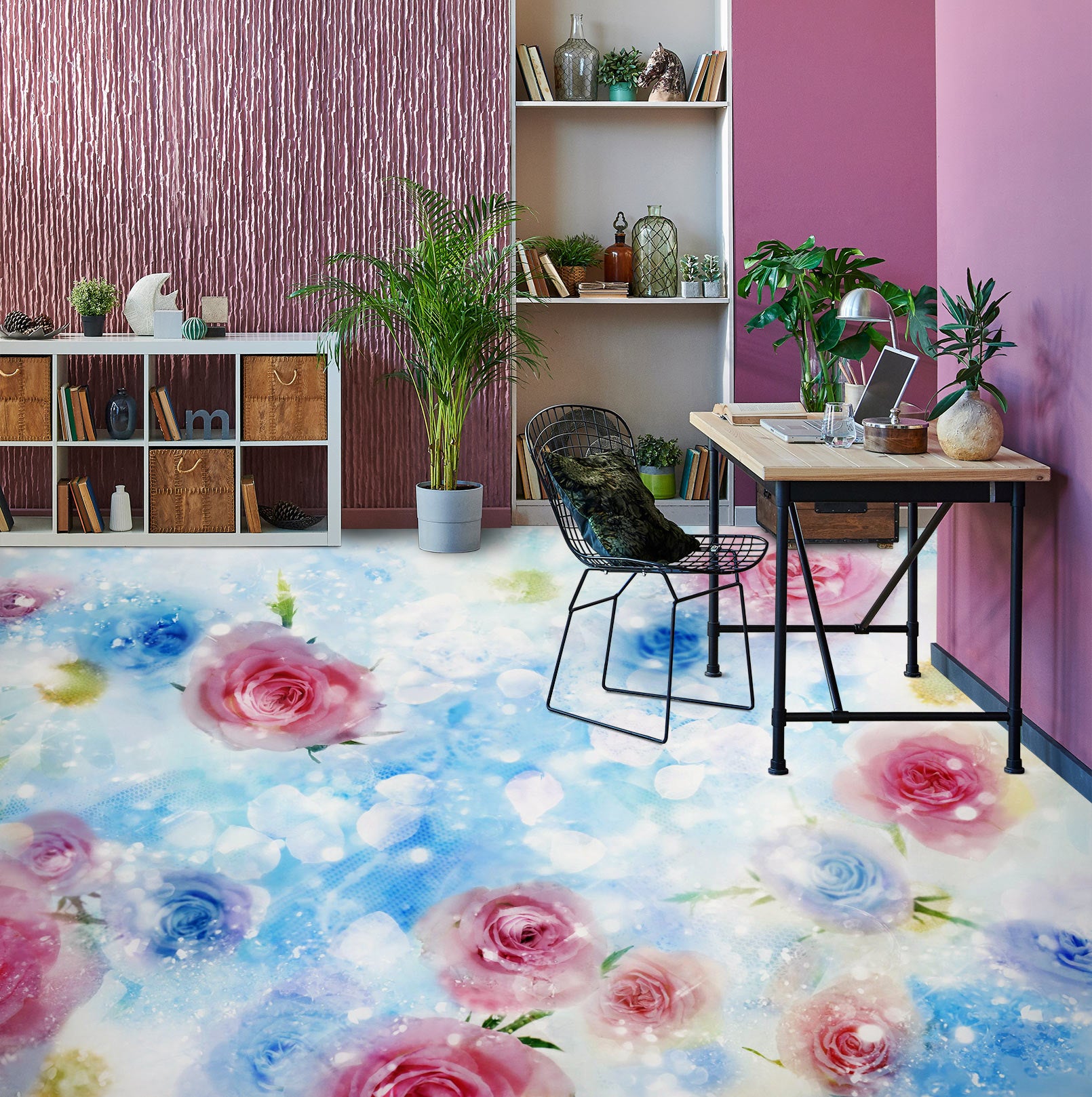 3D Pink And Blue Roses 1361 Floor Mural  Wallpaper Murals Self-Adhesive Removable Print Epoxy