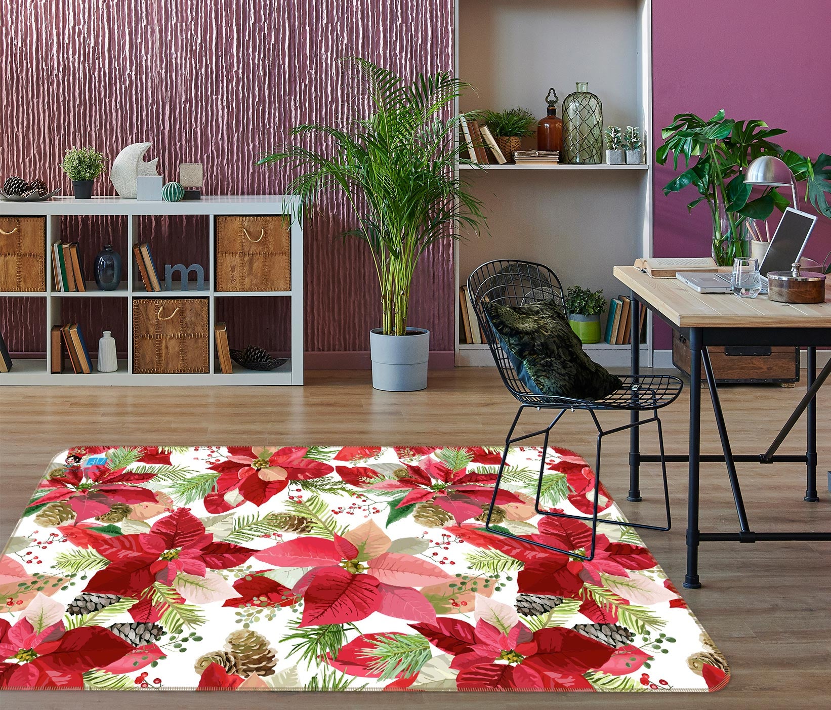 3D Red Leaves Flowers 56128 Christmas Non Slip Rug Mat Xmas