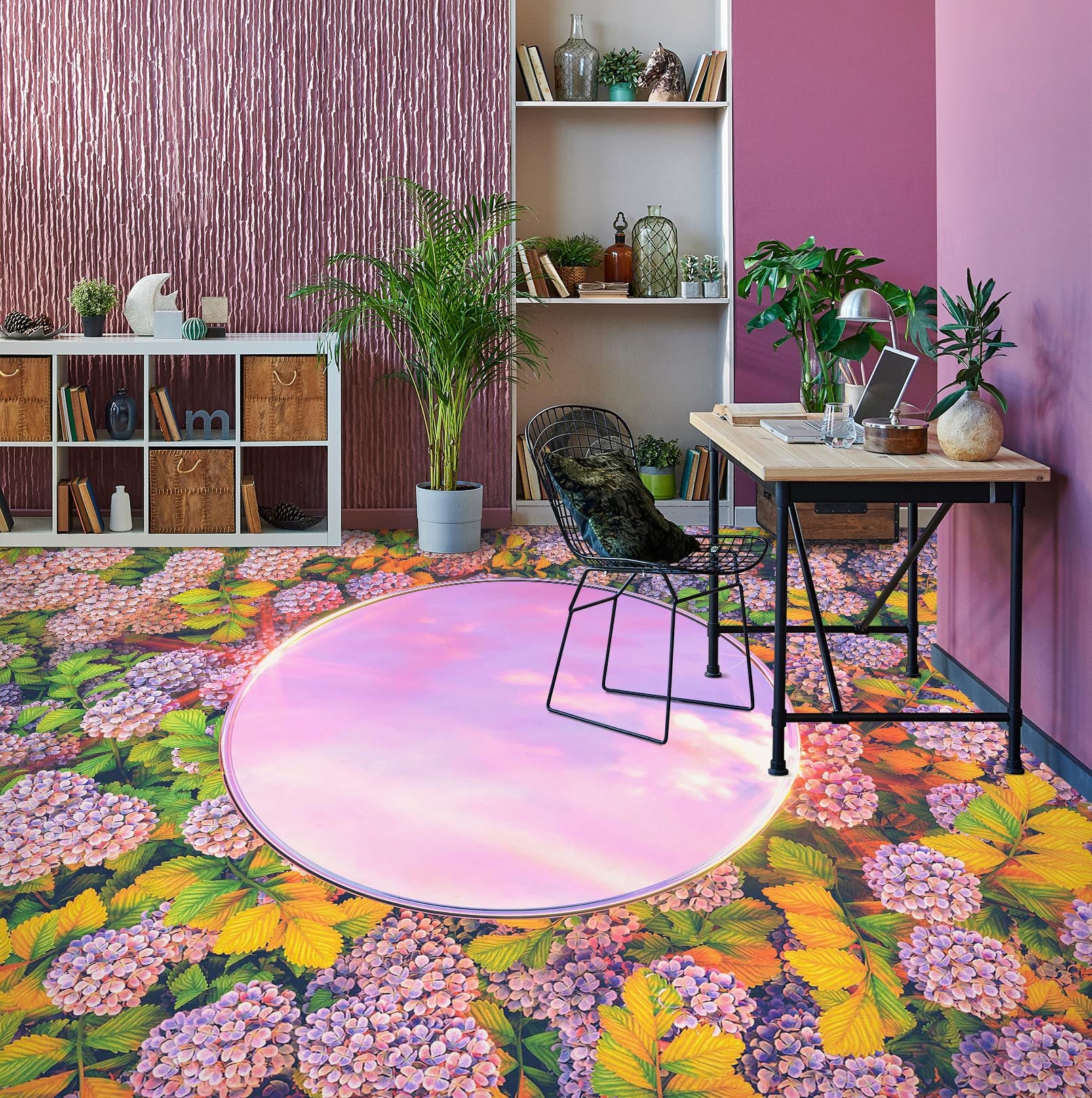 3D Flowers And Pink Sky 853 Floor Mural