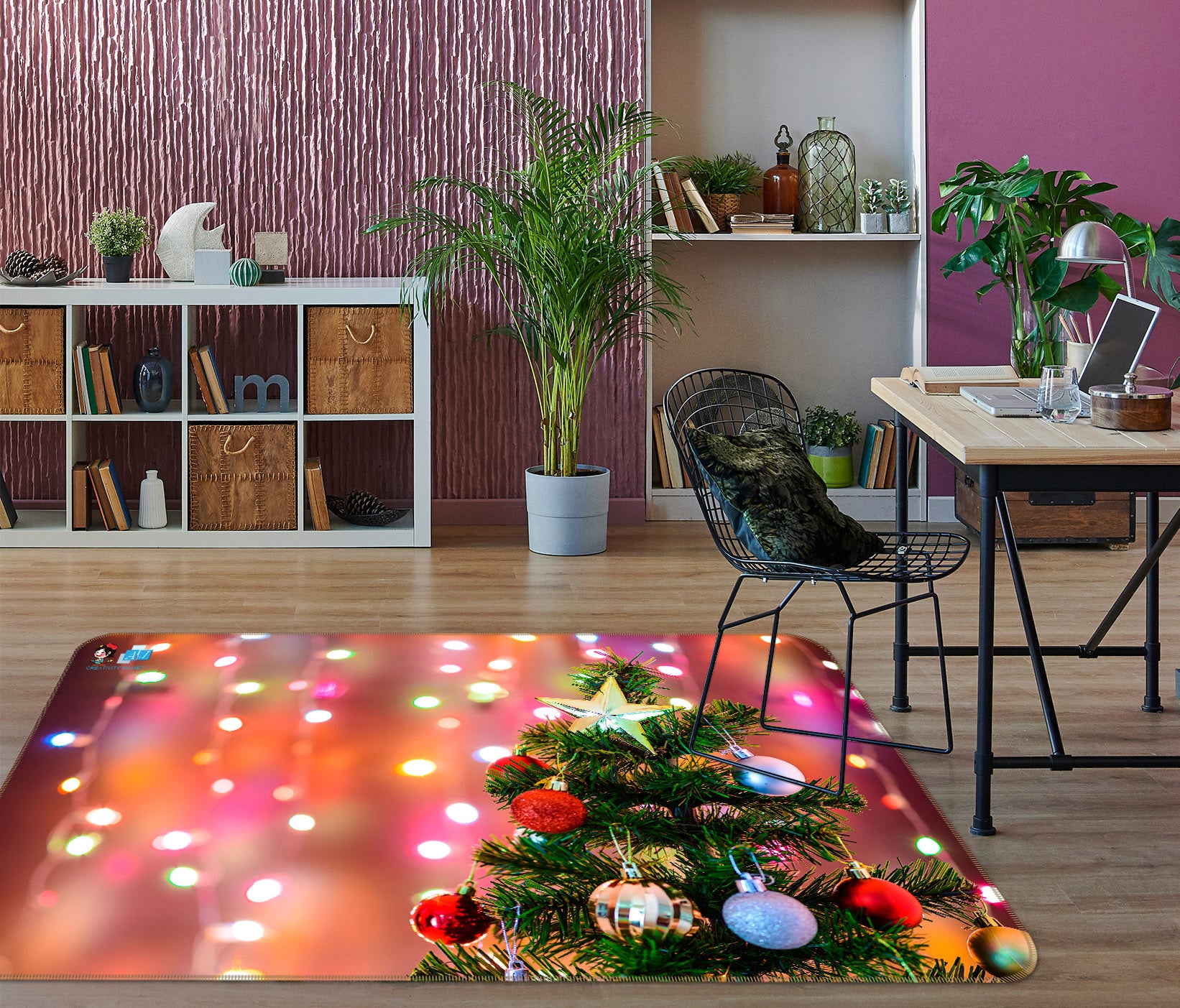 3D Tree Colorful Ball String Lights 56259 Christmas Non Slip Rug Mat Xmas