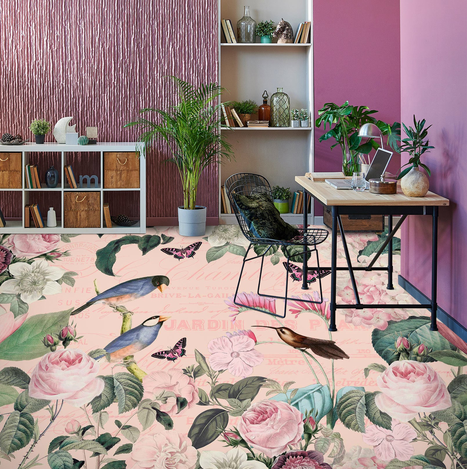 3D Pink Flower Bird Butterfly 10045 Andrea Haase Floor Mural  Wallpaper Murals Self-Adhesive Removable Print Epoxy