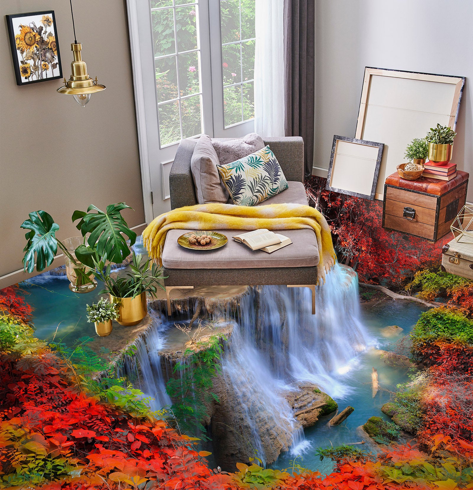 3D Red Leaves And Waterfall 537 Floor Mural  Wallpaper Murals Rug & Mat Print Epoxy waterproof bath floor