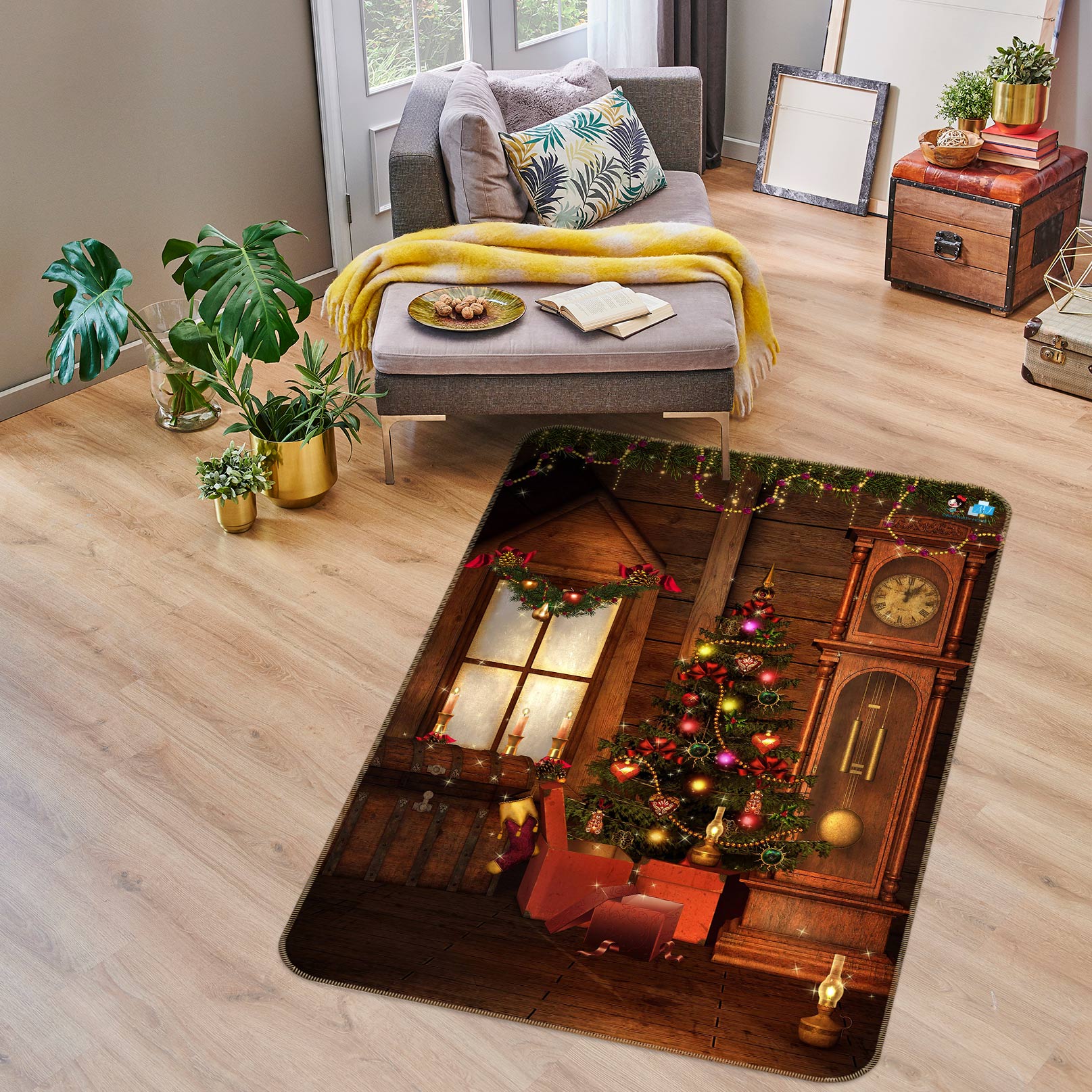 3D Clock Window Tree 56178 Christmas Non Slip Rug Mat Xmas