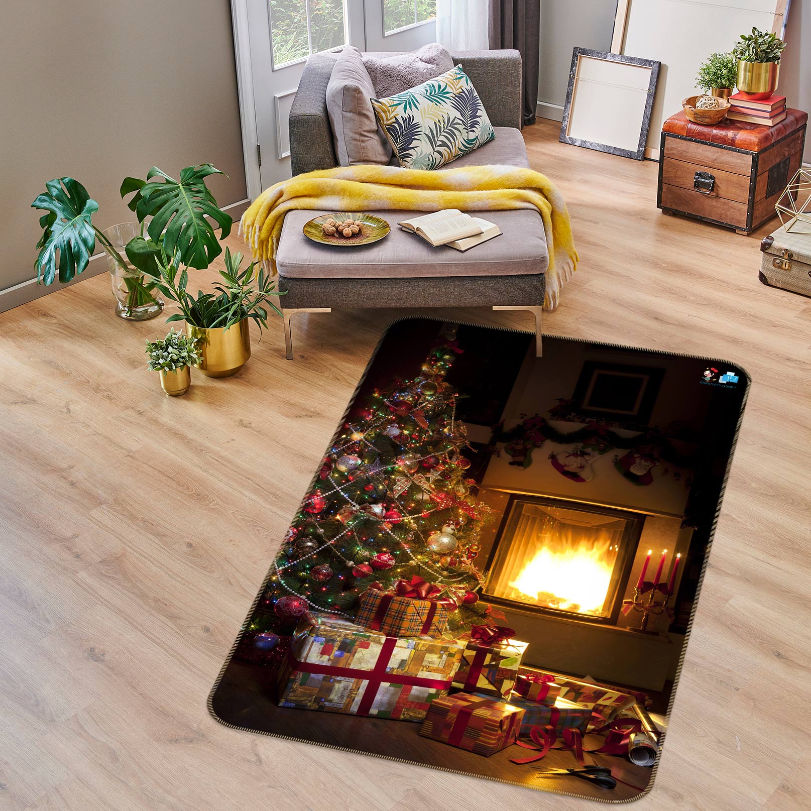 3D Tree Gift Fireplace 56180 Christmas Non Slip Rug Mat Xmas