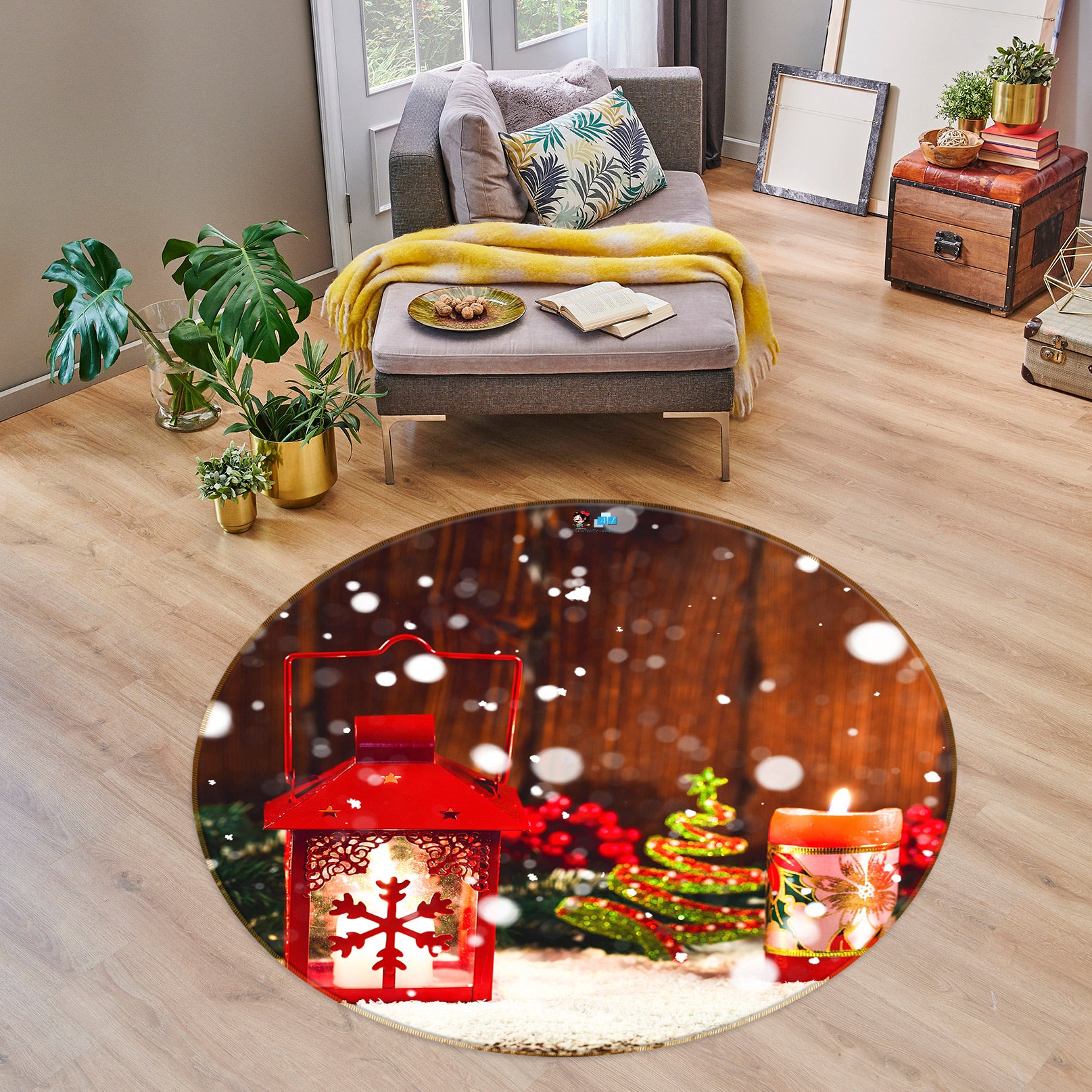 3D Snowflake Candle 55217 Christmas Round Non Slip Rug Mat Xmas