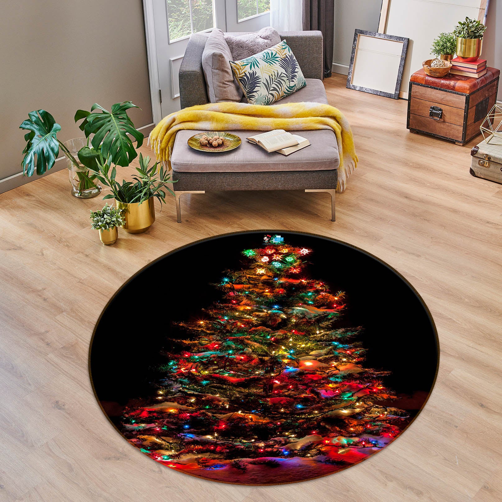3D Tree Colored Lights 56020 Christmas Round Non Slip Rug Mat Xmas