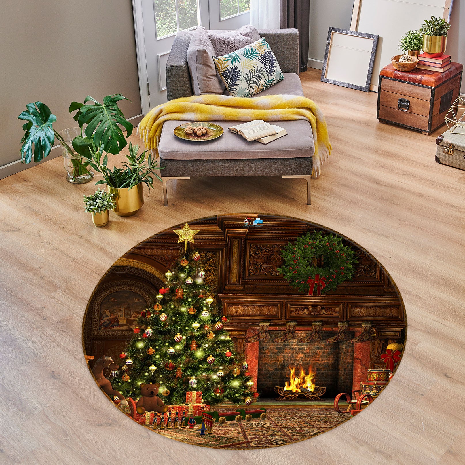 3D Tree Fireplace 55171 Christmas Round Non Slip Rug Mat Xmas