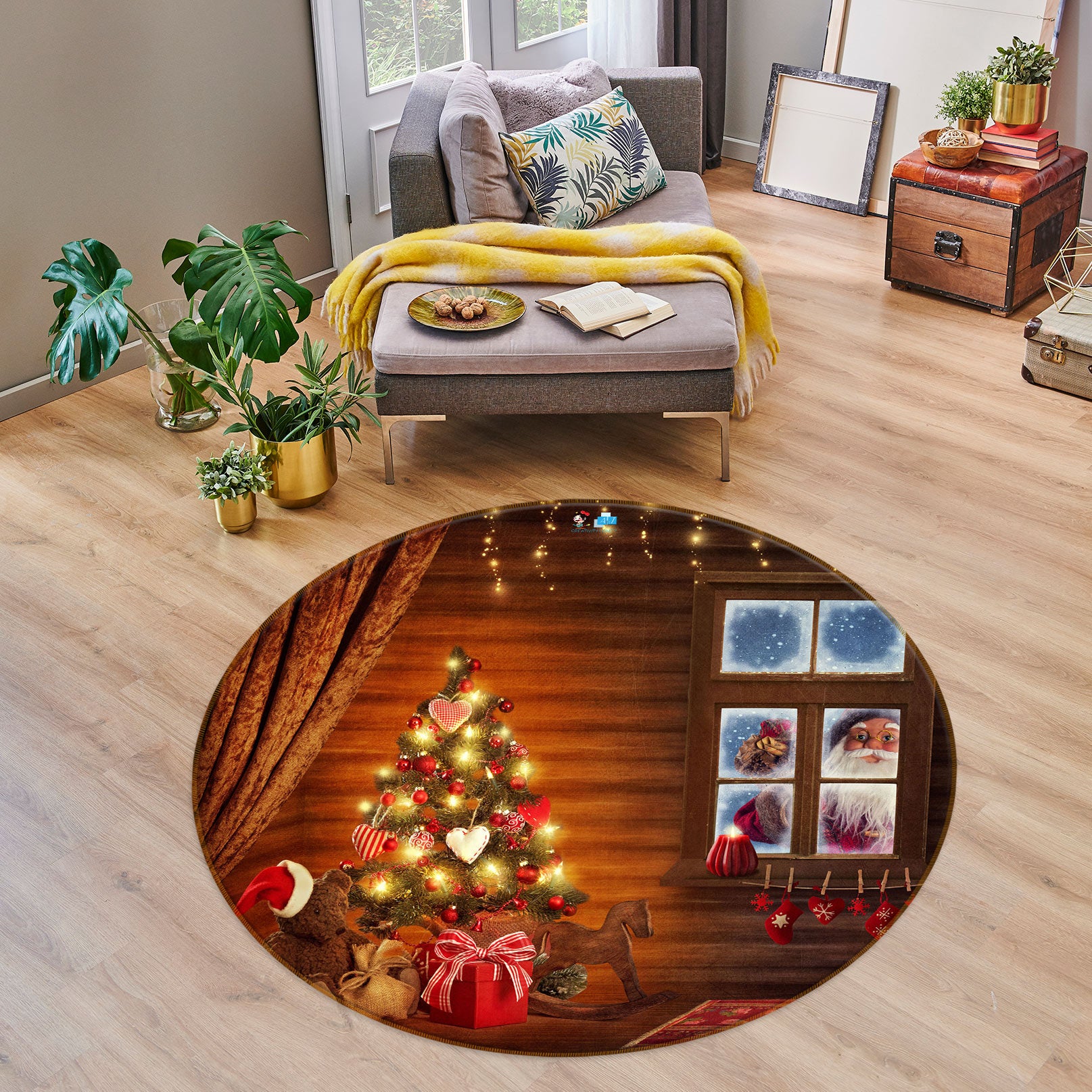 3D Tree Window Santa Claus 55167 Christmas Round Non Slip Rug Mat Xmas