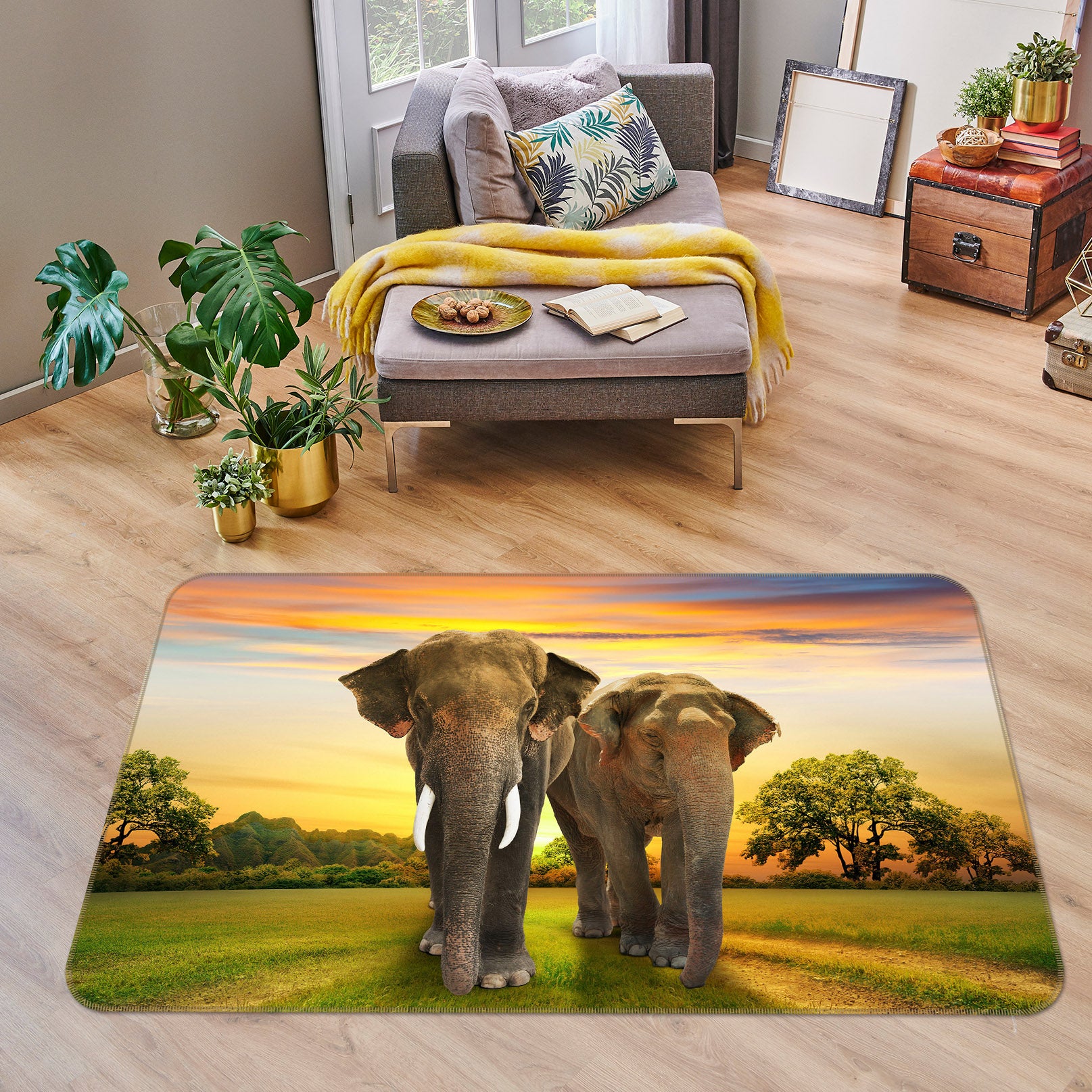 3D Sunset Elephant 131 Animal Non Slip Rug Mat