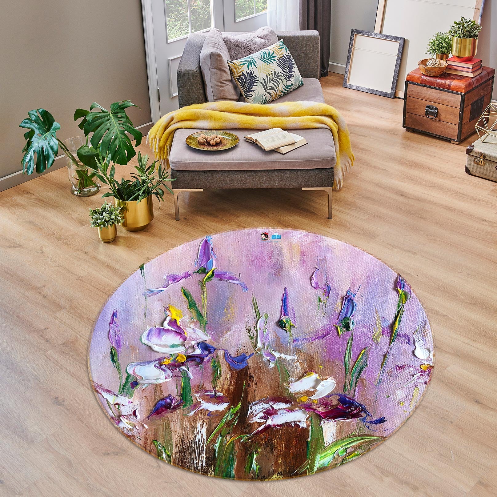 3D Purple Flower 768 Skromova Marina Rug Round Non Slip Rug Mat