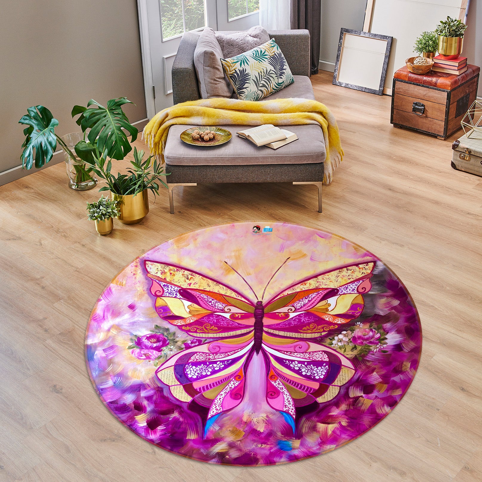 3D Pink Butterfly Petals 892 Skromova Marina Rug Round Non Slip Rug Mat