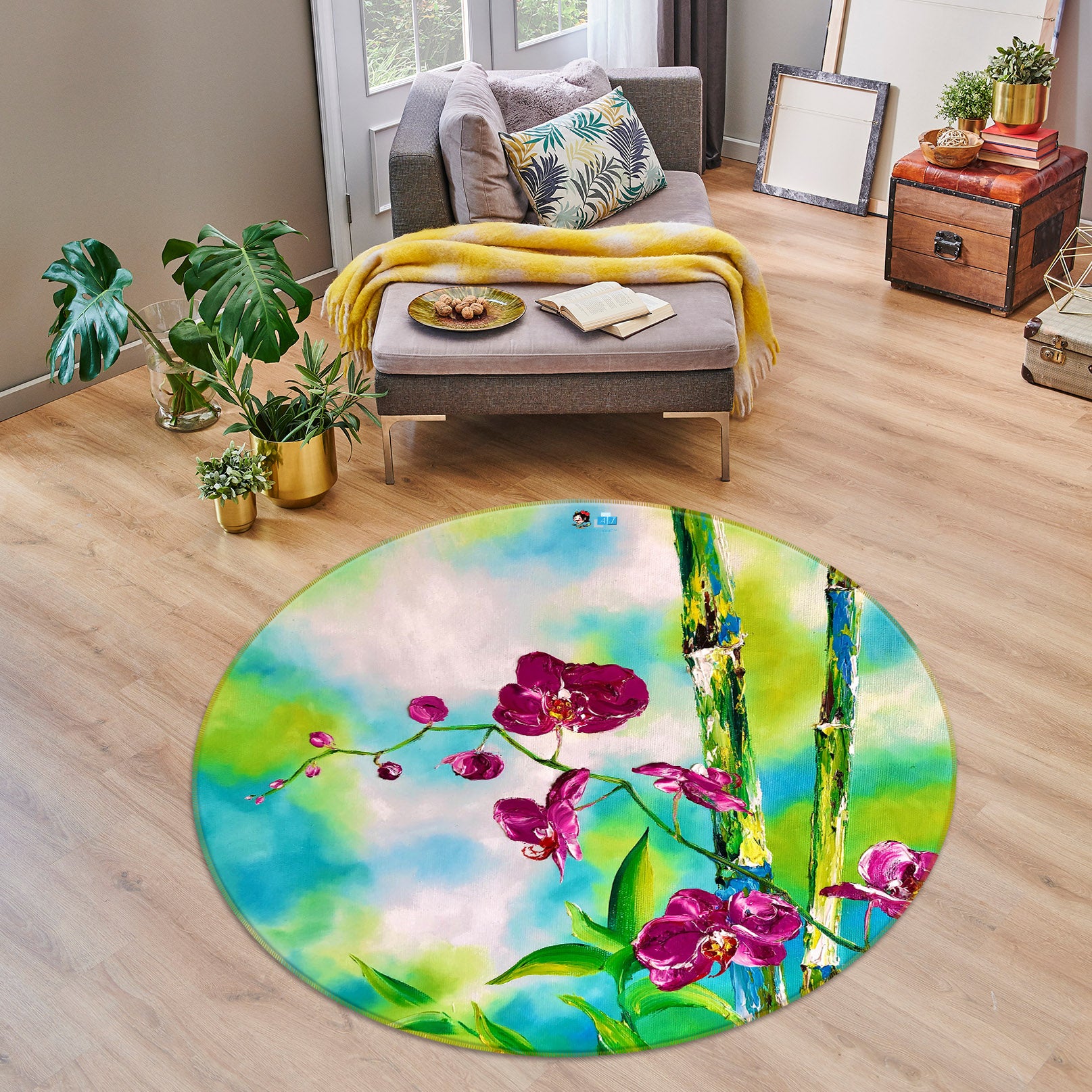 3D Bamboo Flower 885 Skromova Marina Rug Round Non Slip Rug Mat