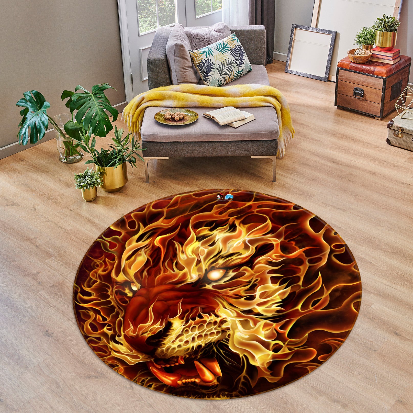 3D Flame Tiger 4185 Tom Wood Rug Round Non Slip Rug Mat