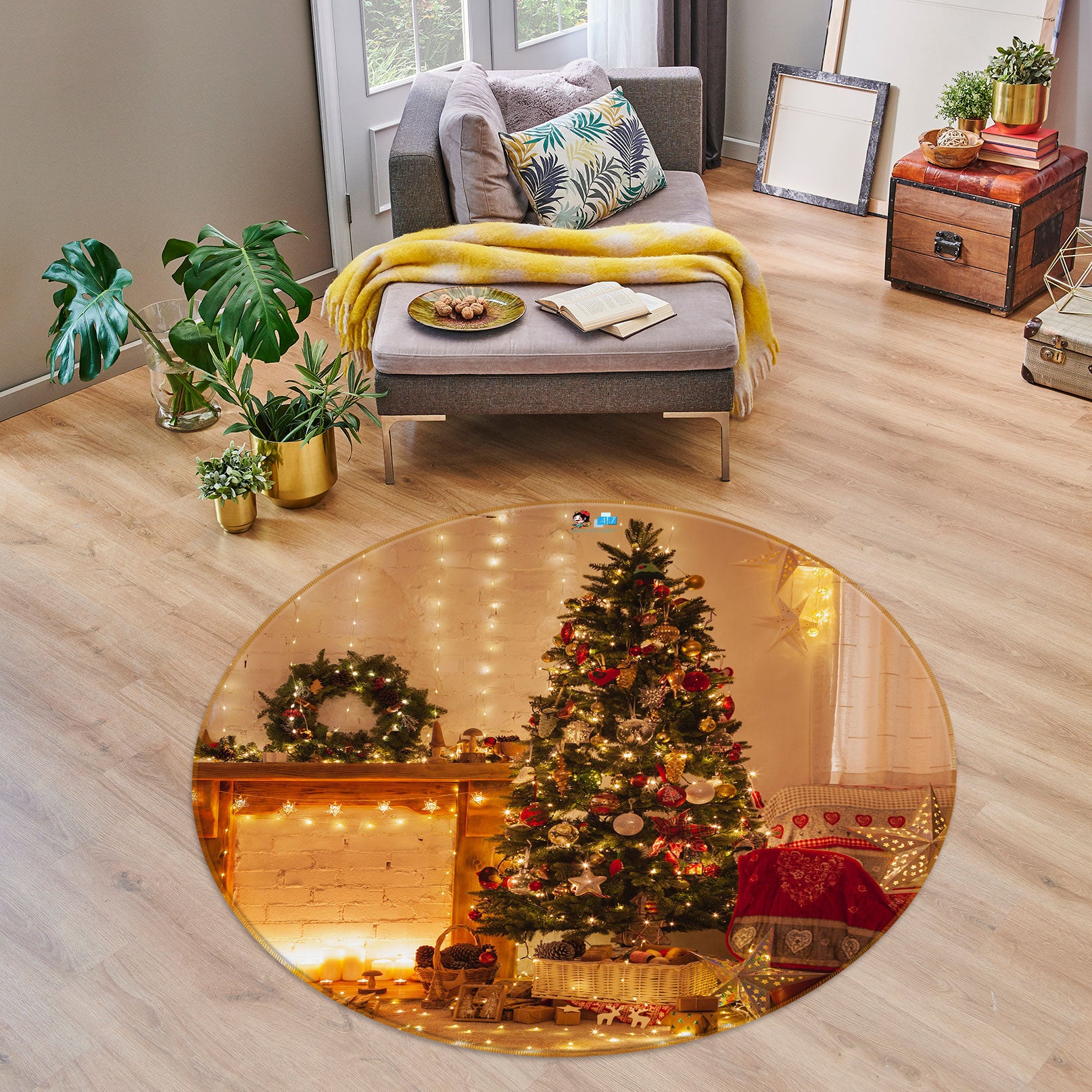 3D Tree String Lights 55235 Christmas Round Non Slip Rug Mat Xmas