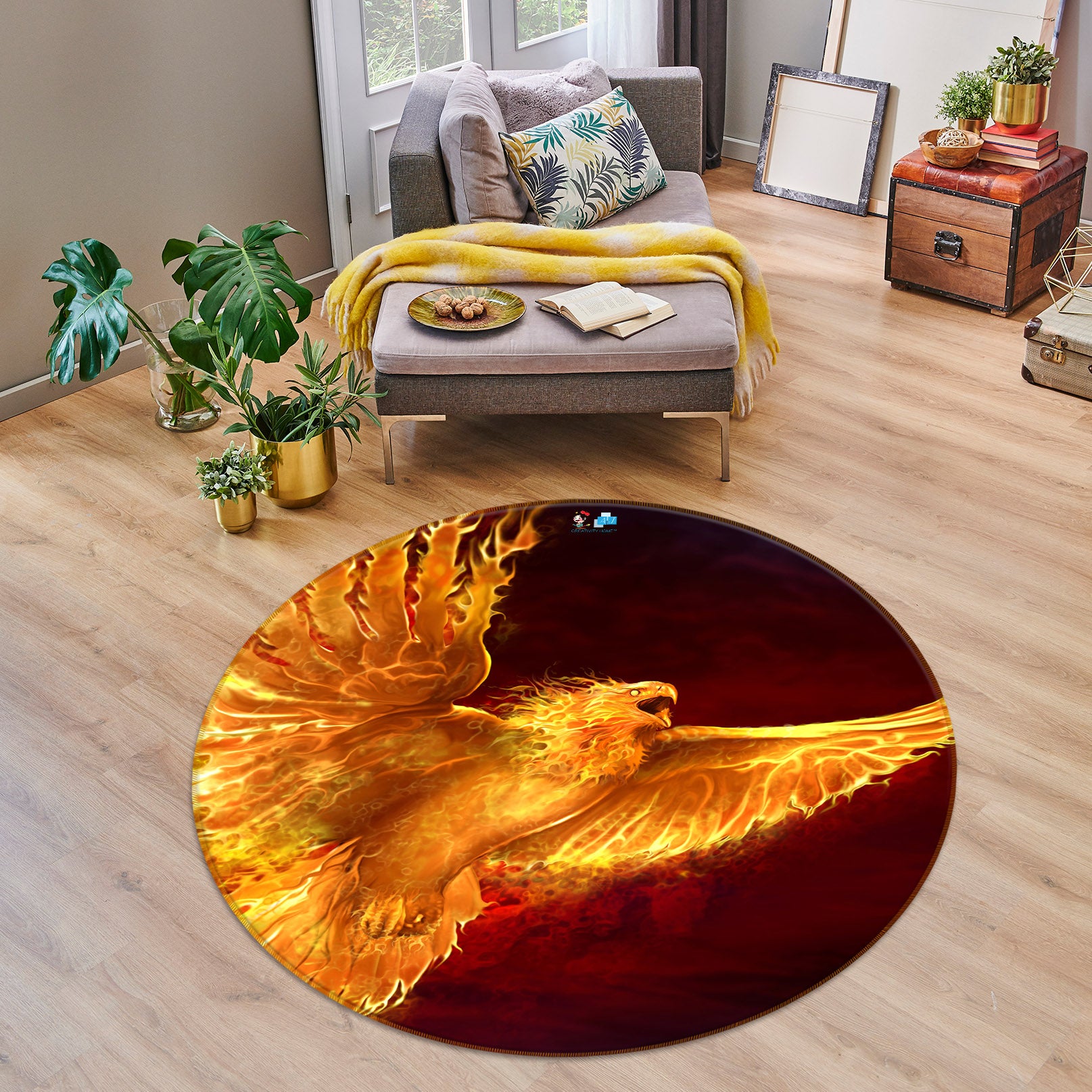 3D Flame Eagle 4168 Tom Wood Rug Round Non Slip Rug Mat