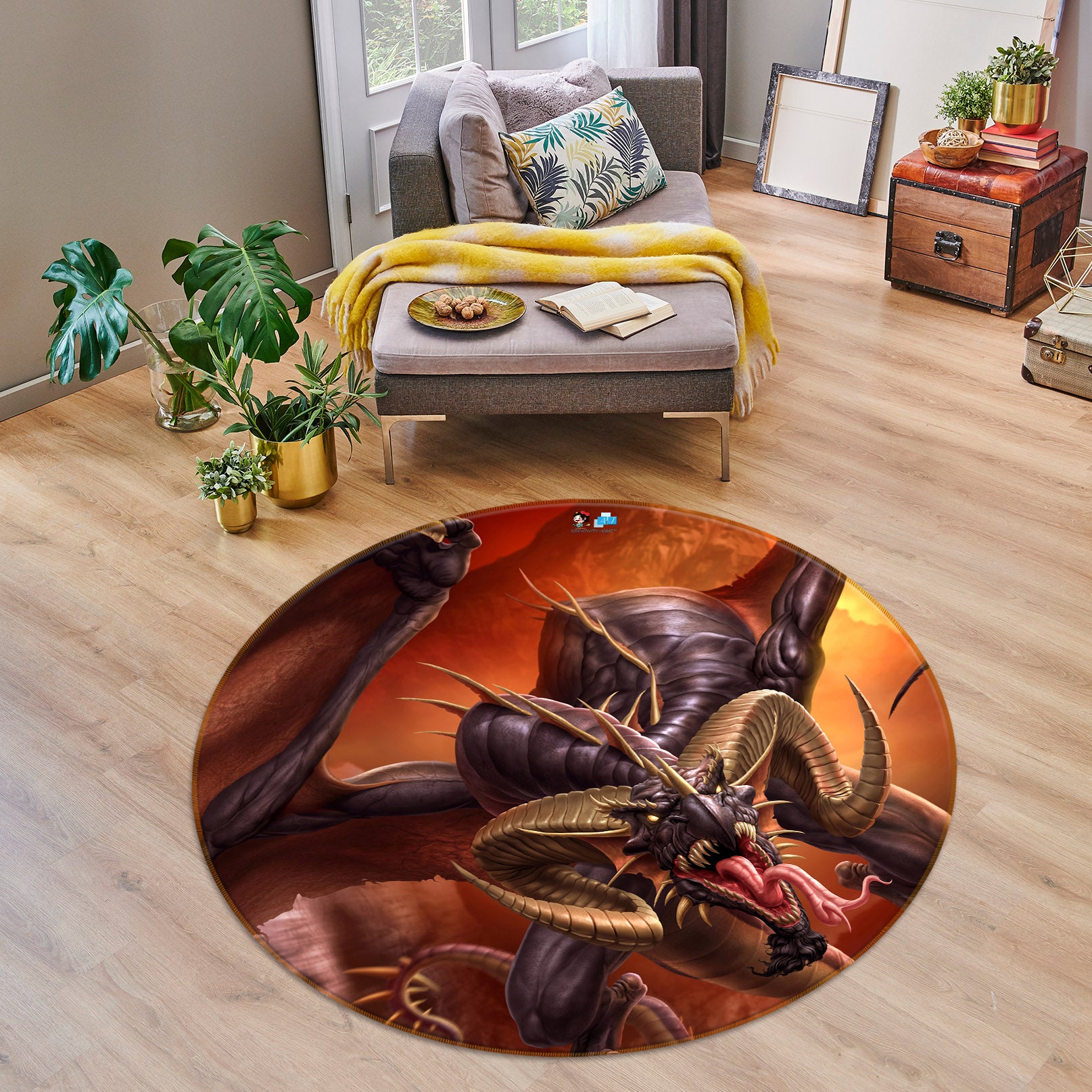 3D Dragon 4163 Tom Wood Rug Round Non Slip Rug Mat