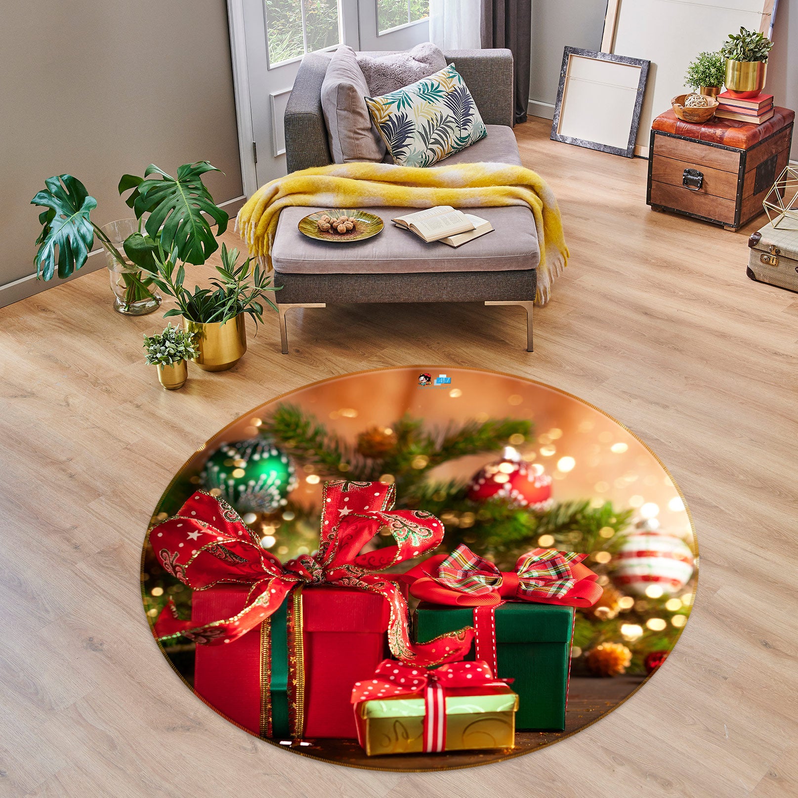 3D Gift Box 55244 Christmas Round Non Slip Rug Mat Xmas
