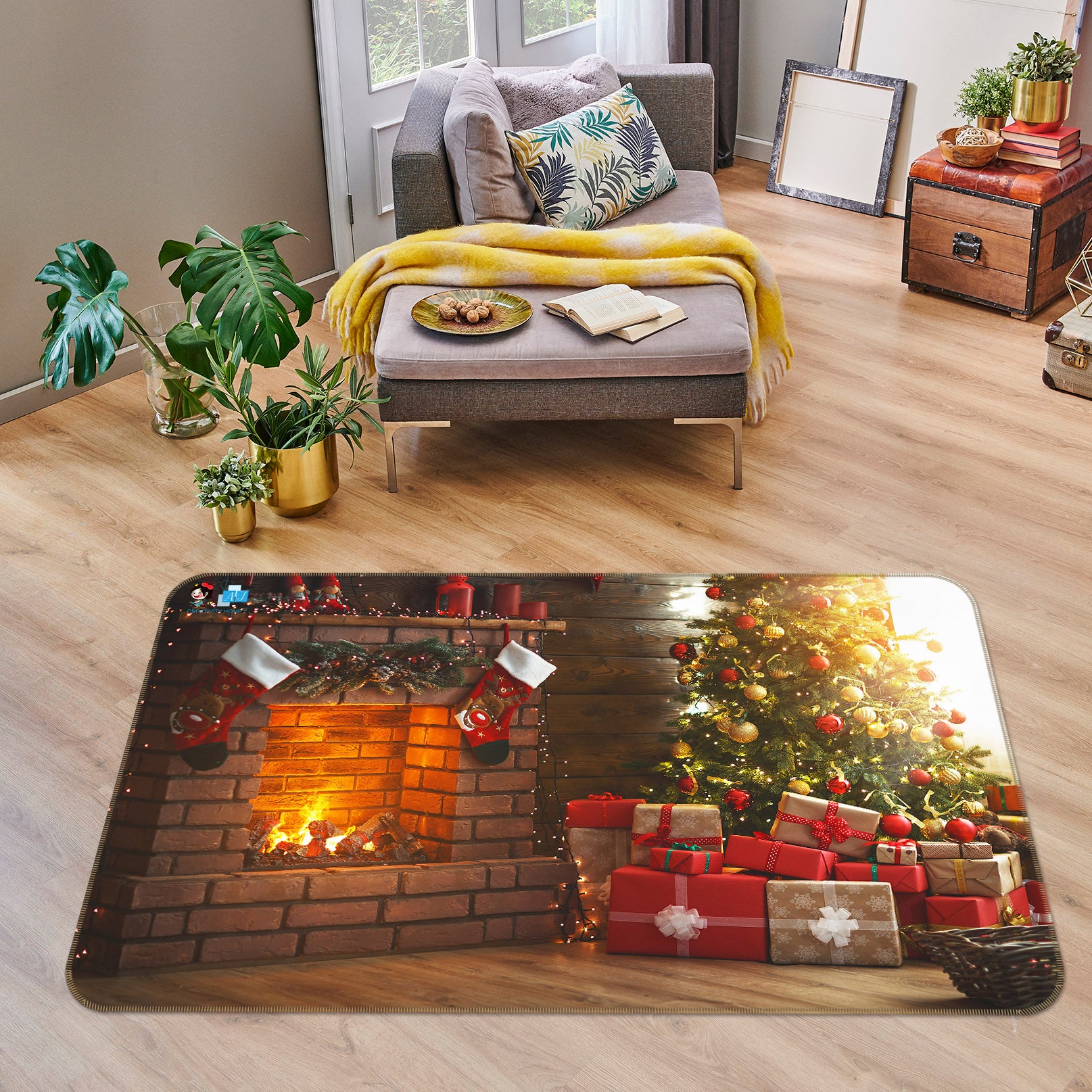 3D Fireplace Gifts 56238 Christmas Non Slip Rug Mat Xmas