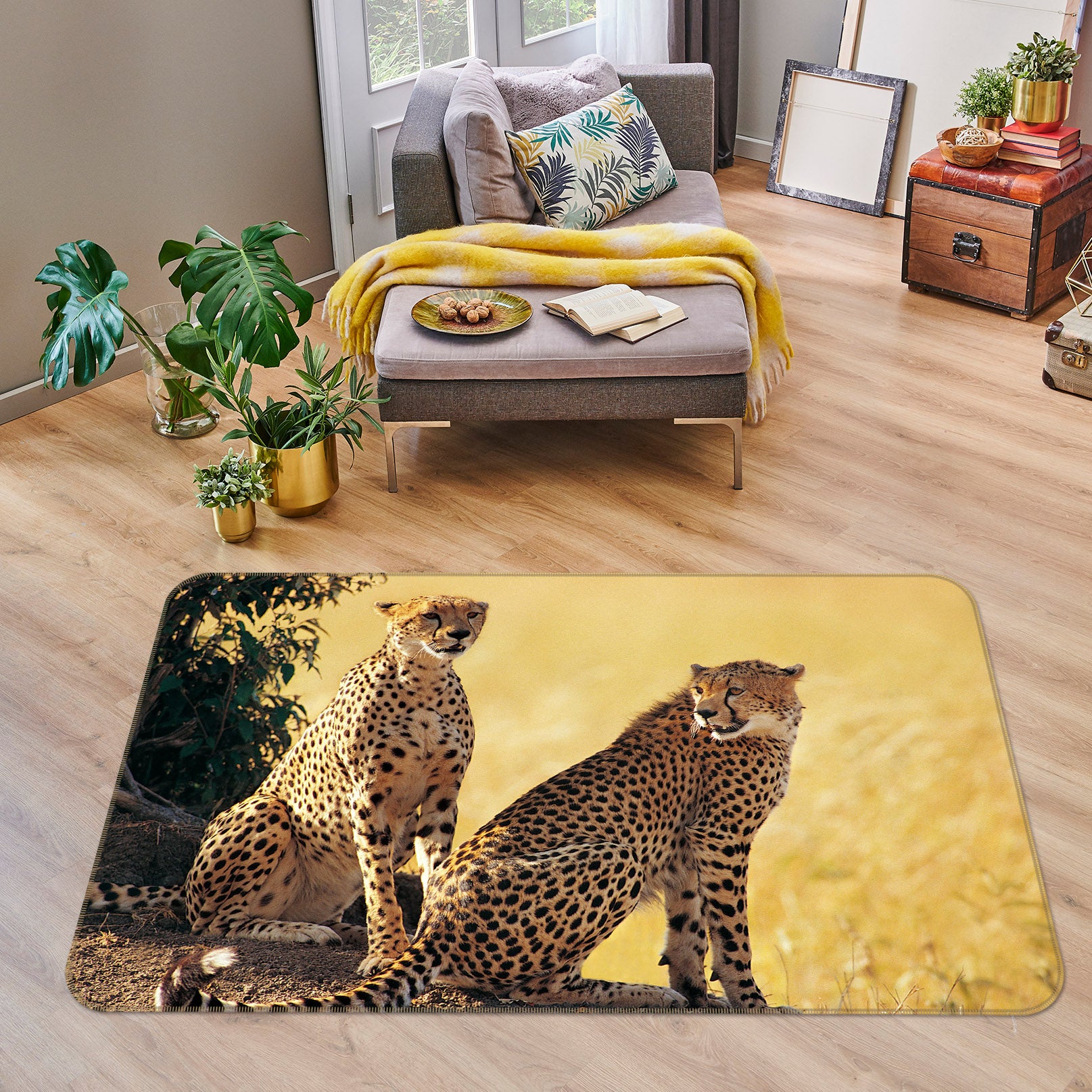 3D Leopard Yellow Grass 083 Animal Non Slip Rug Mat