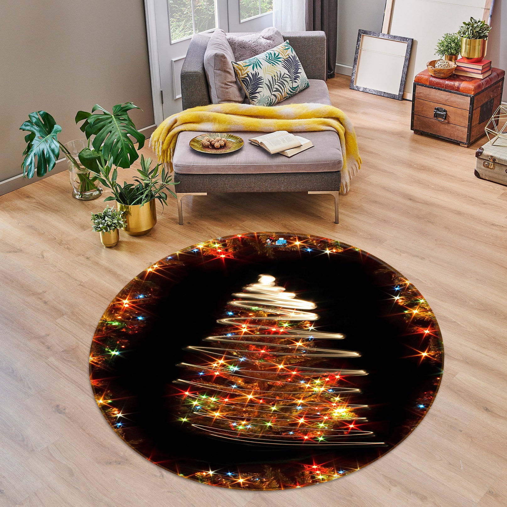 3D Colored Lights Tree 56002 Christmas Round Non Slip Rug Mat Xmas