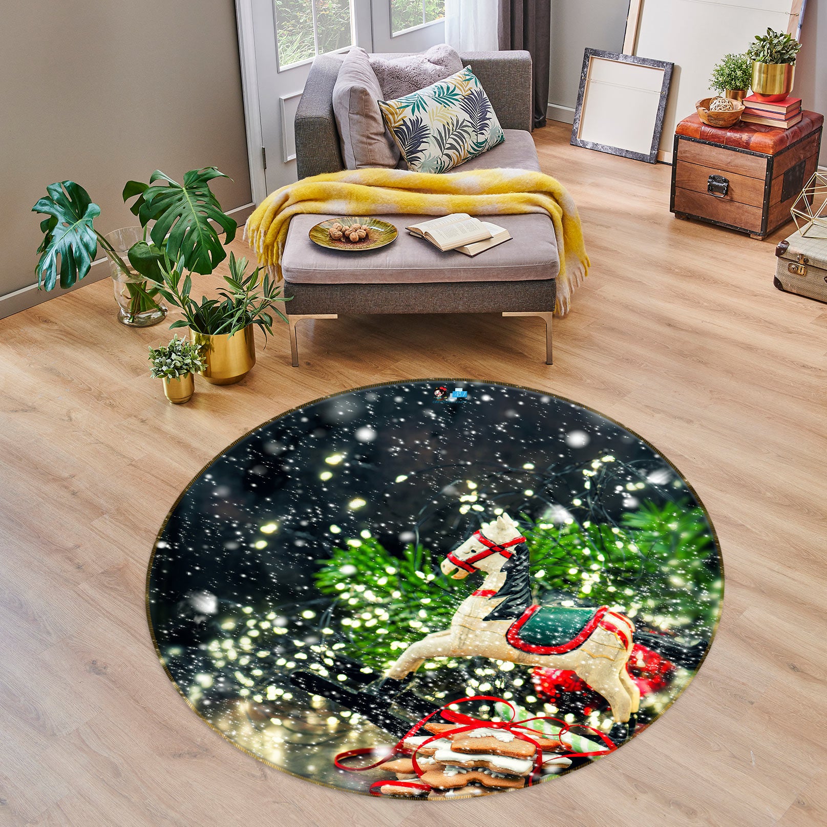 3D Trojan Horse 55183 Christmas Round Non Slip Rug Mat Xmas