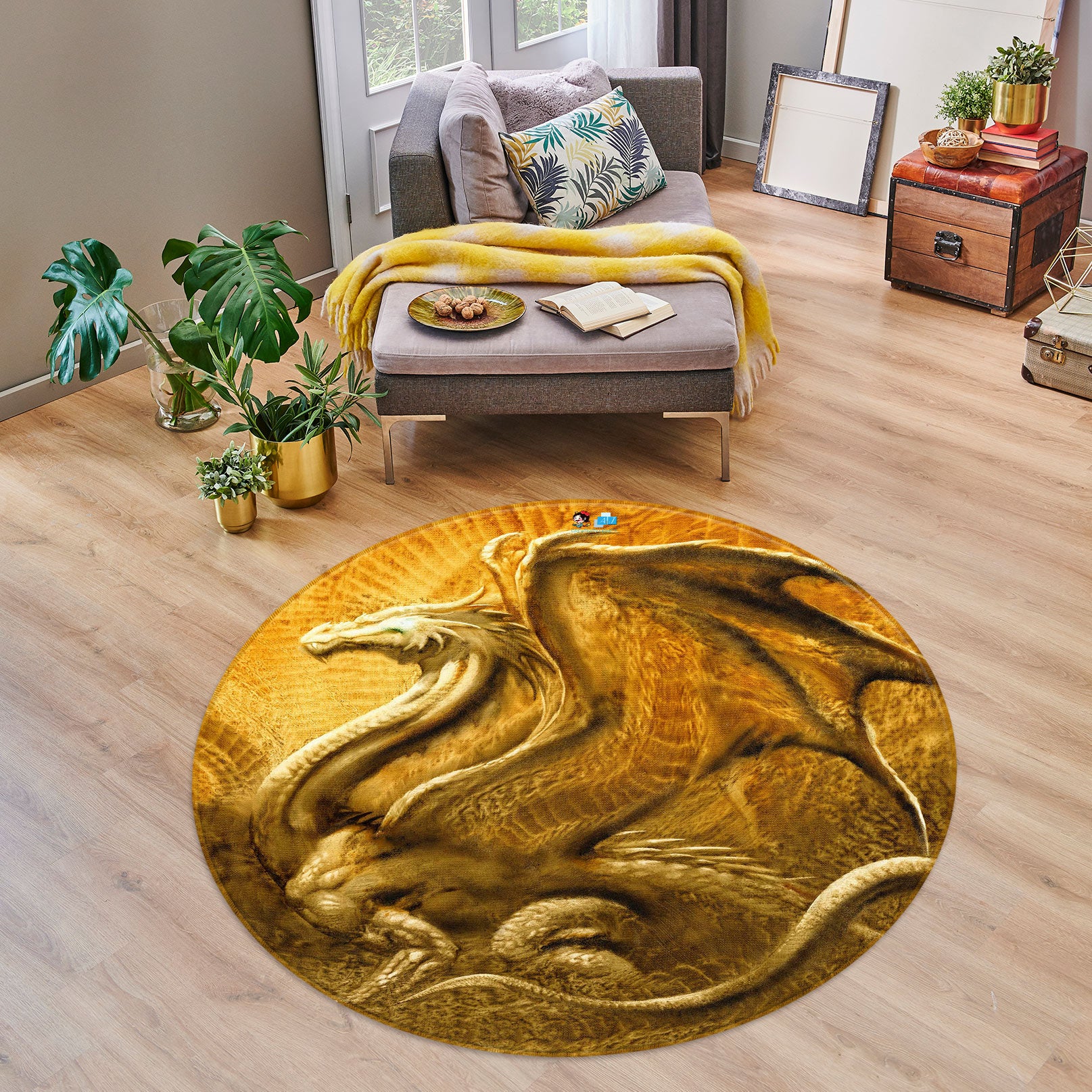 3D Golden Dragon 6153 Ciruelo Rug Round Non Slip Rug Mat