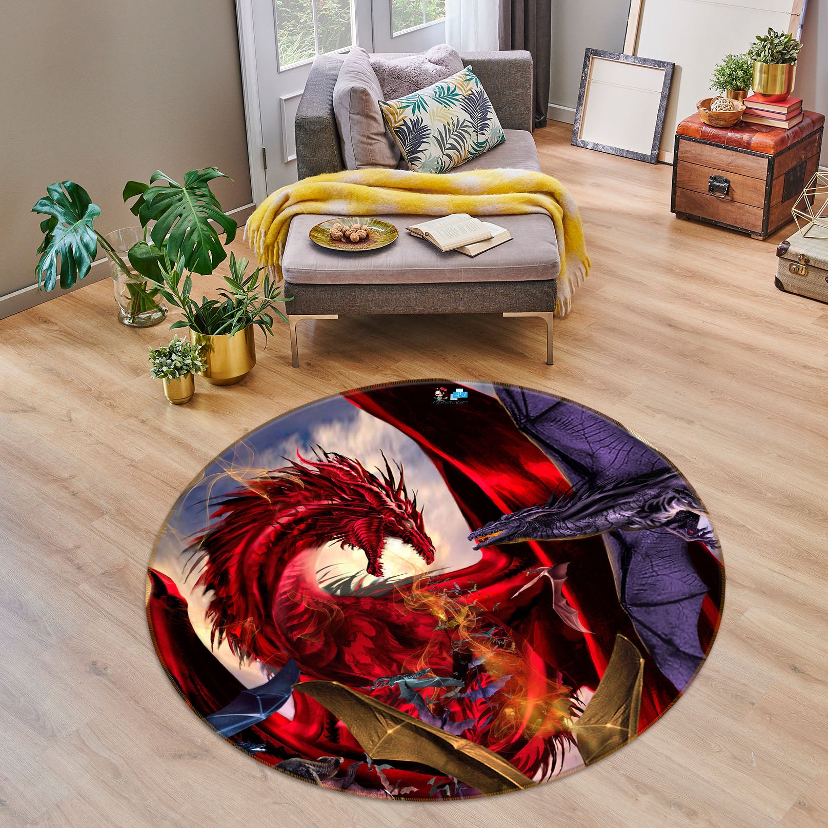 3D Red Dragon 8362 Ruth Thompson Rug Round Non Slip Rug Mat