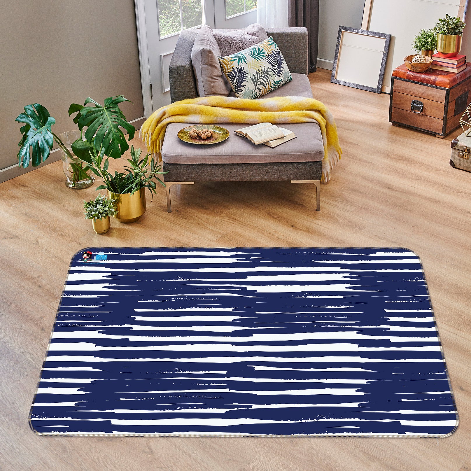 3D Navy Blue Stripe 107137 Kashmira Jayaprakash Rug Non Slip Rug Mat