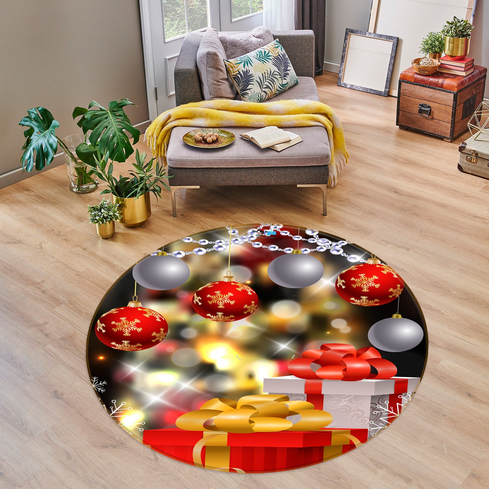 3D Gift Box 55195 Christmas Round Non Slip Rug Mat Xmas