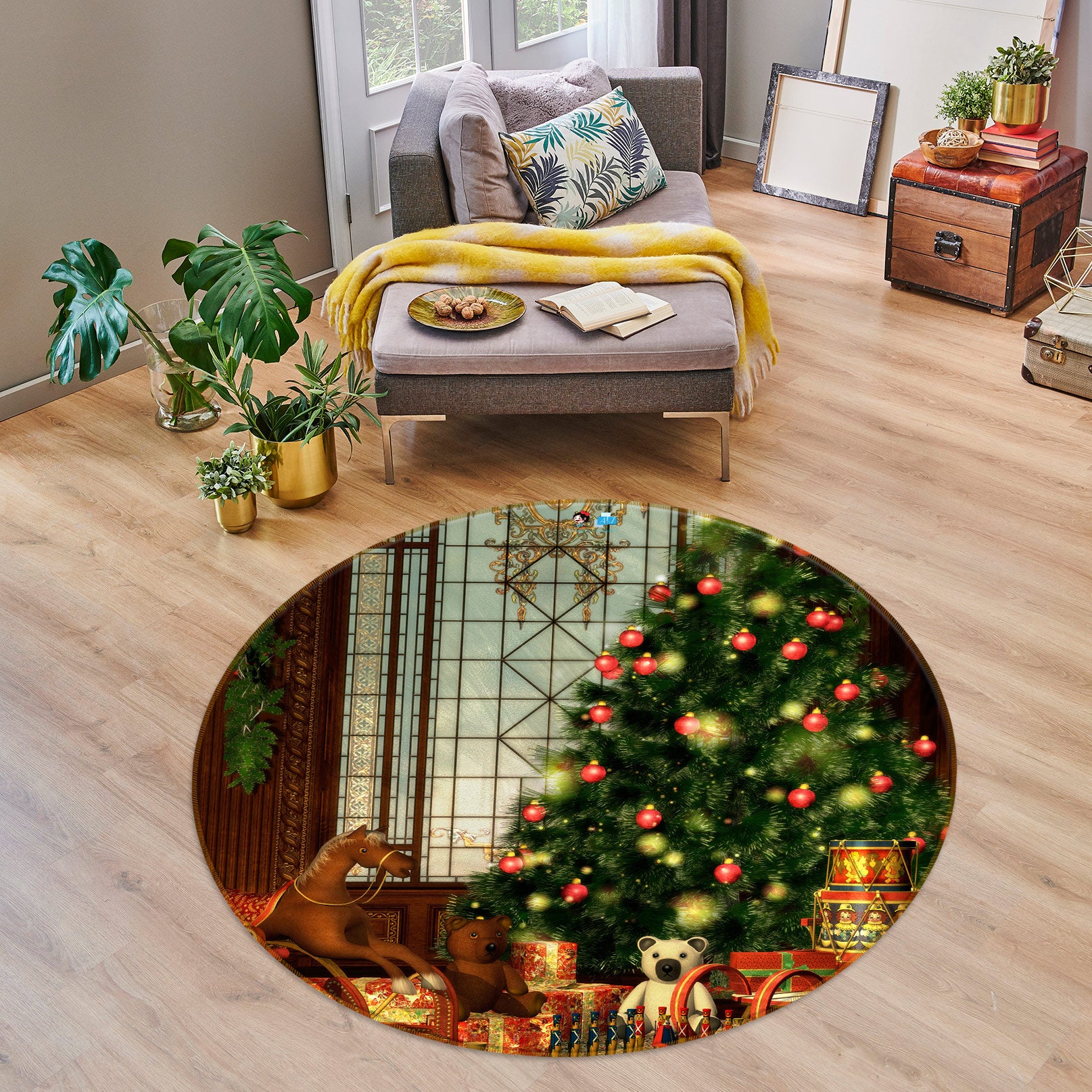 3D Tree 55161 Christmas Round Non Slip Rug Mat Xmas