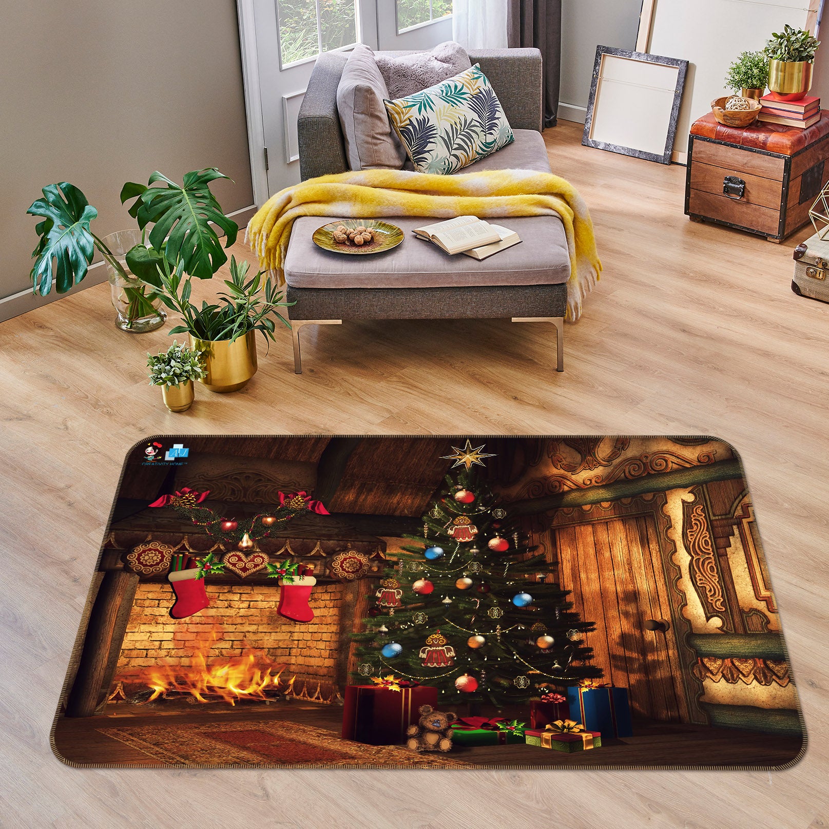 3D Fireplace Tree Socks 56216 Christmas Non Slip Rug Mat Xmas