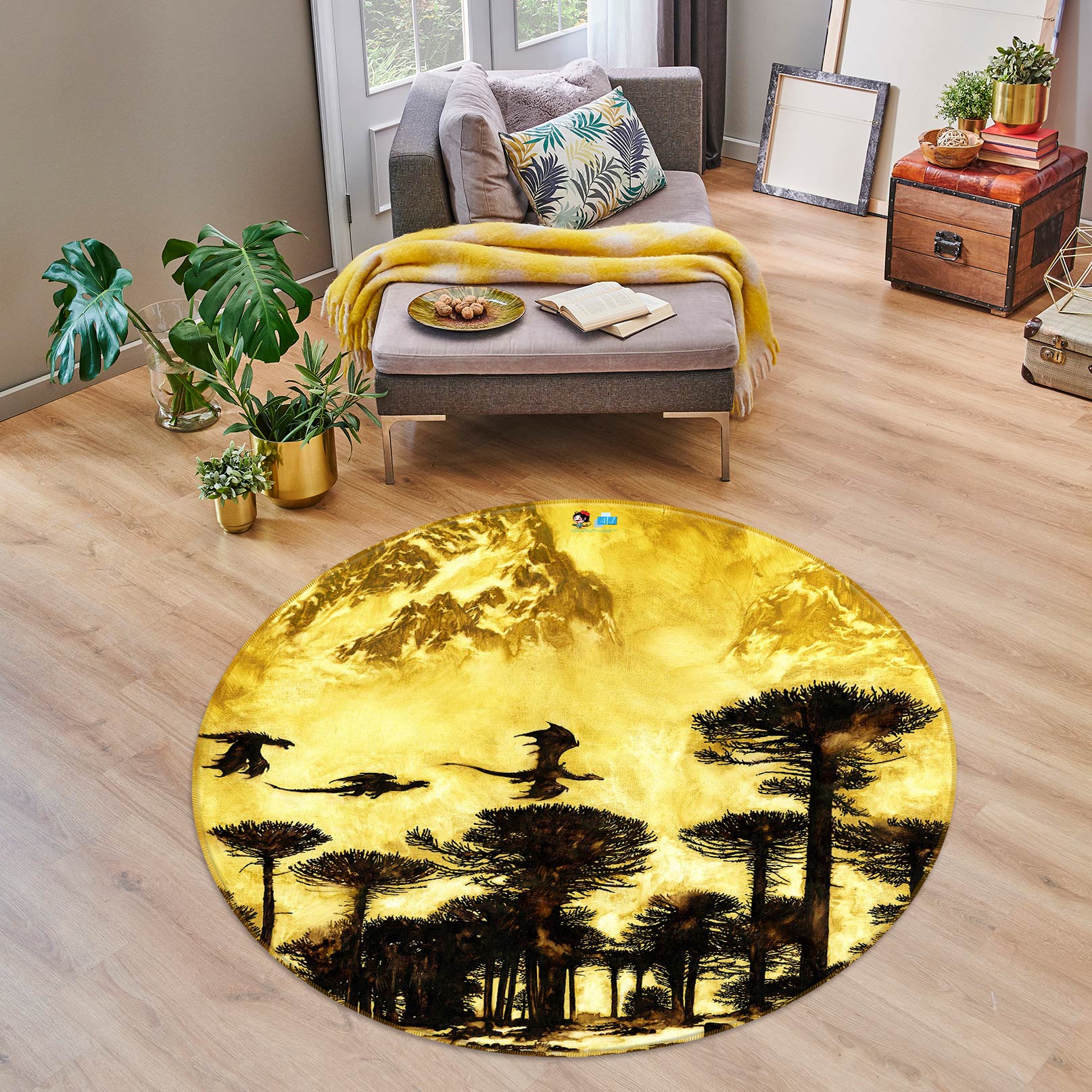 3D Tree Forest Dragon 6114 Ciruelo Rug Round Non Slip Rug Mat