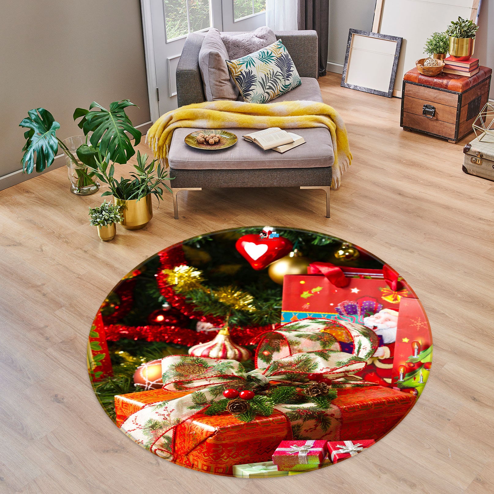 3D Red Gift Box 55168 Christmas Round Non Slip Rug Mat Xmas