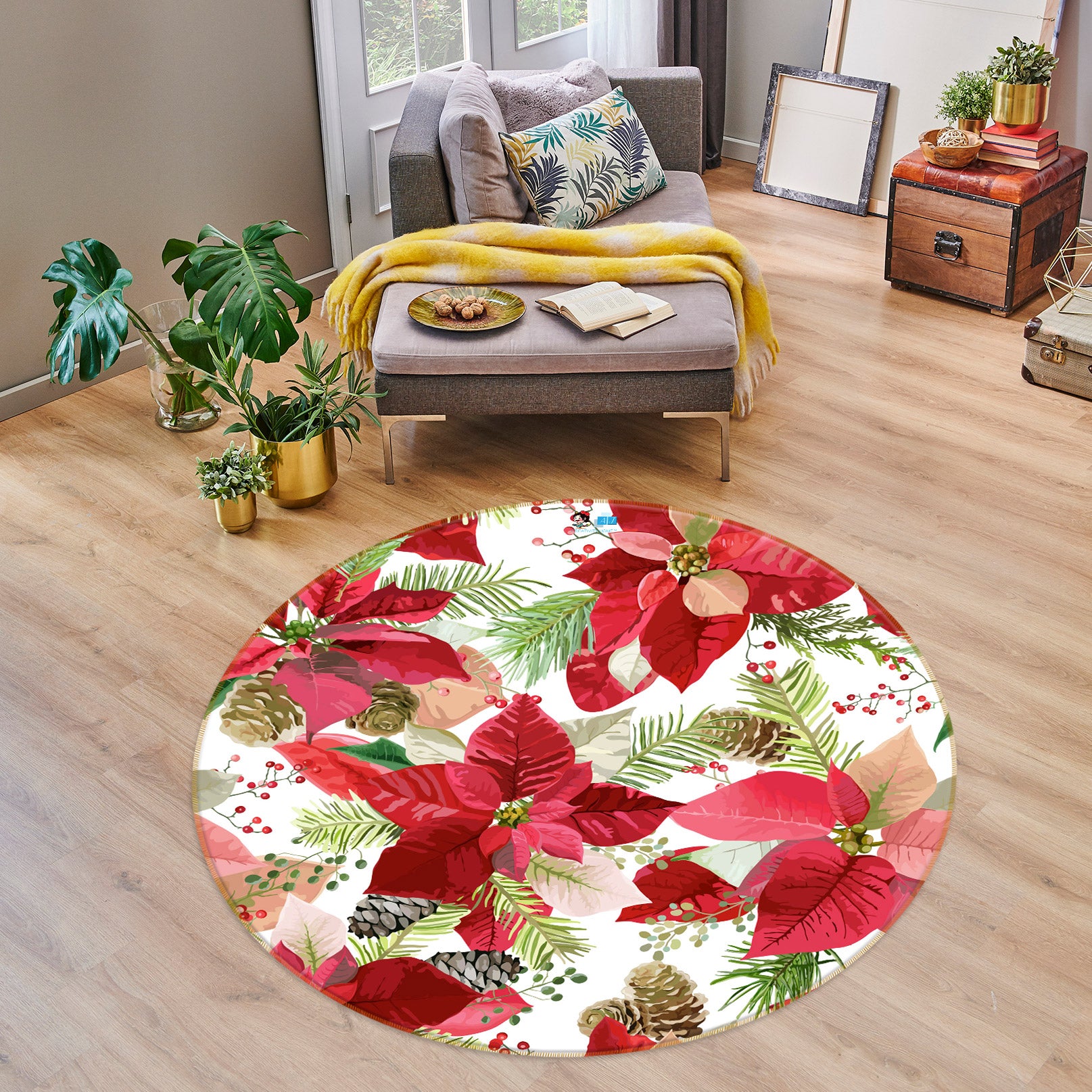 3D Red Leaves Flowers 55201 Christmas Round Non Slip Rug Mat Xmas