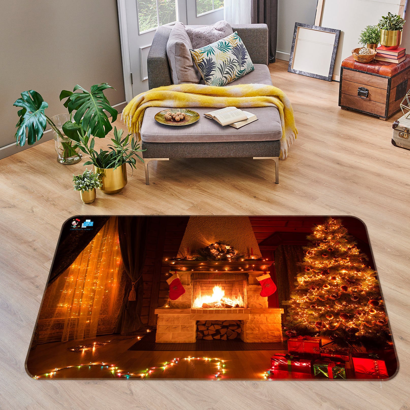 3D Lighted Tree Fireplace 56164 Christmas Non Slip Rug Mat Xmas