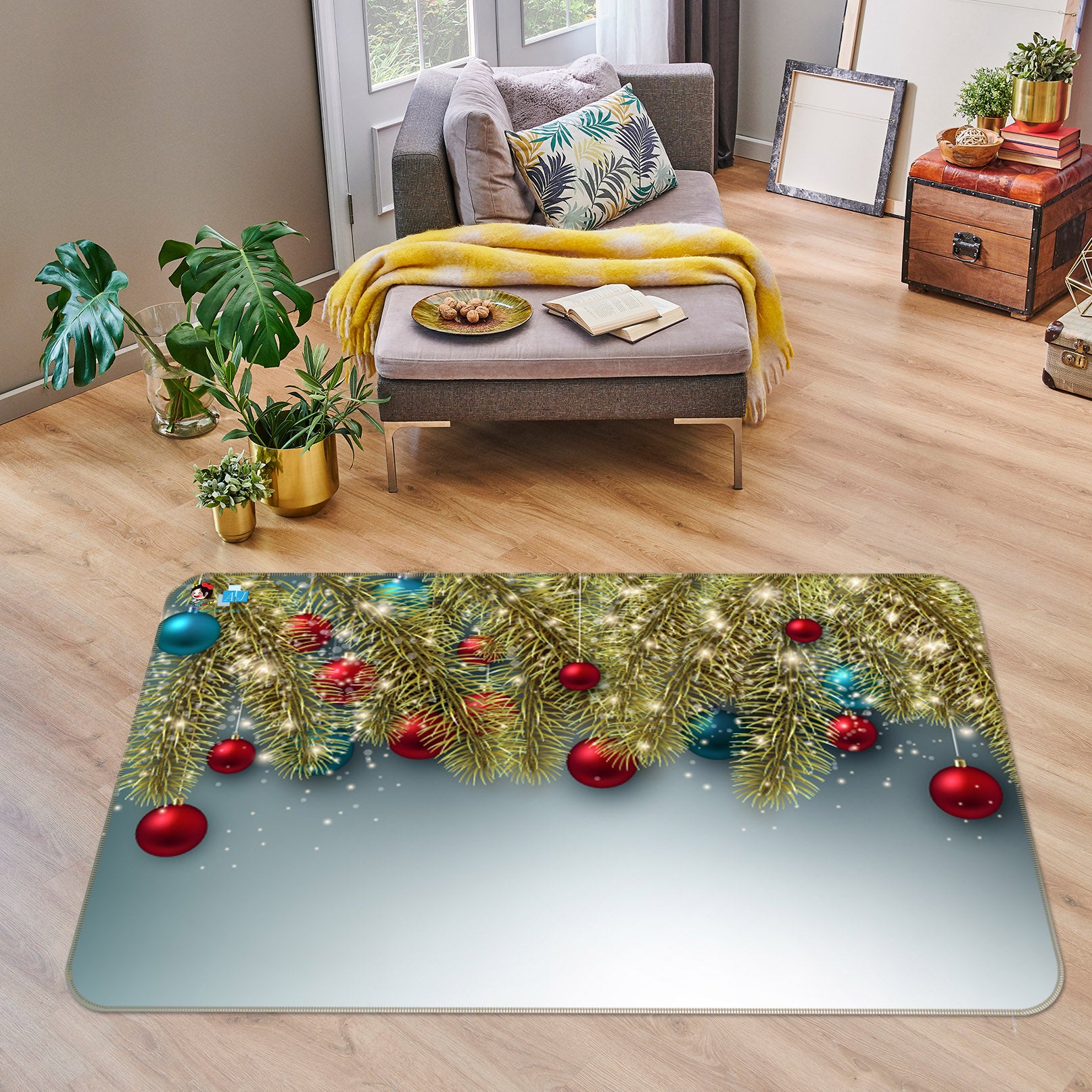 3D Golden Branches Ball 56250 Christmas Non Slip Rug Mat Xmas