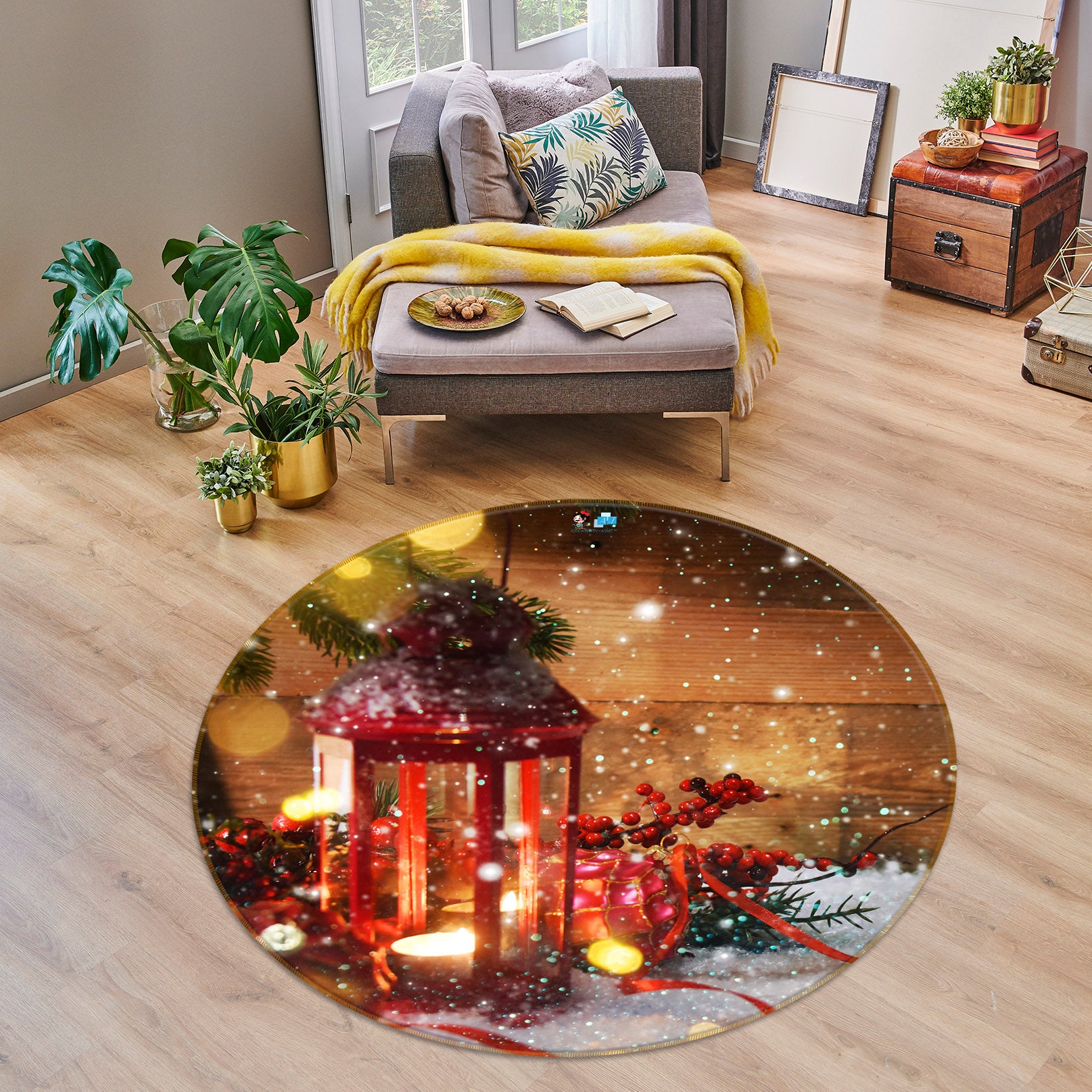 3D Snowflake Light 56052 Christmas Round Non Slip Rug Mat Xmas