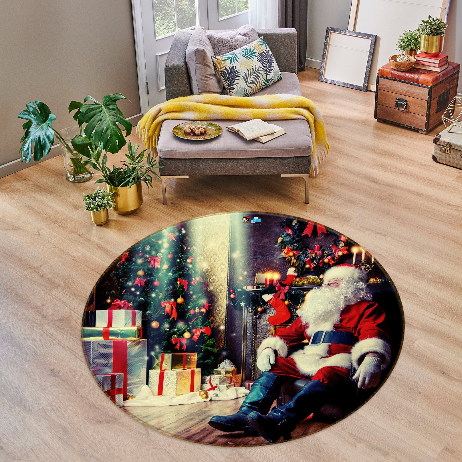 3D Santa Gift 55173 Christmas Round Non Slip Rug Mat Xmas