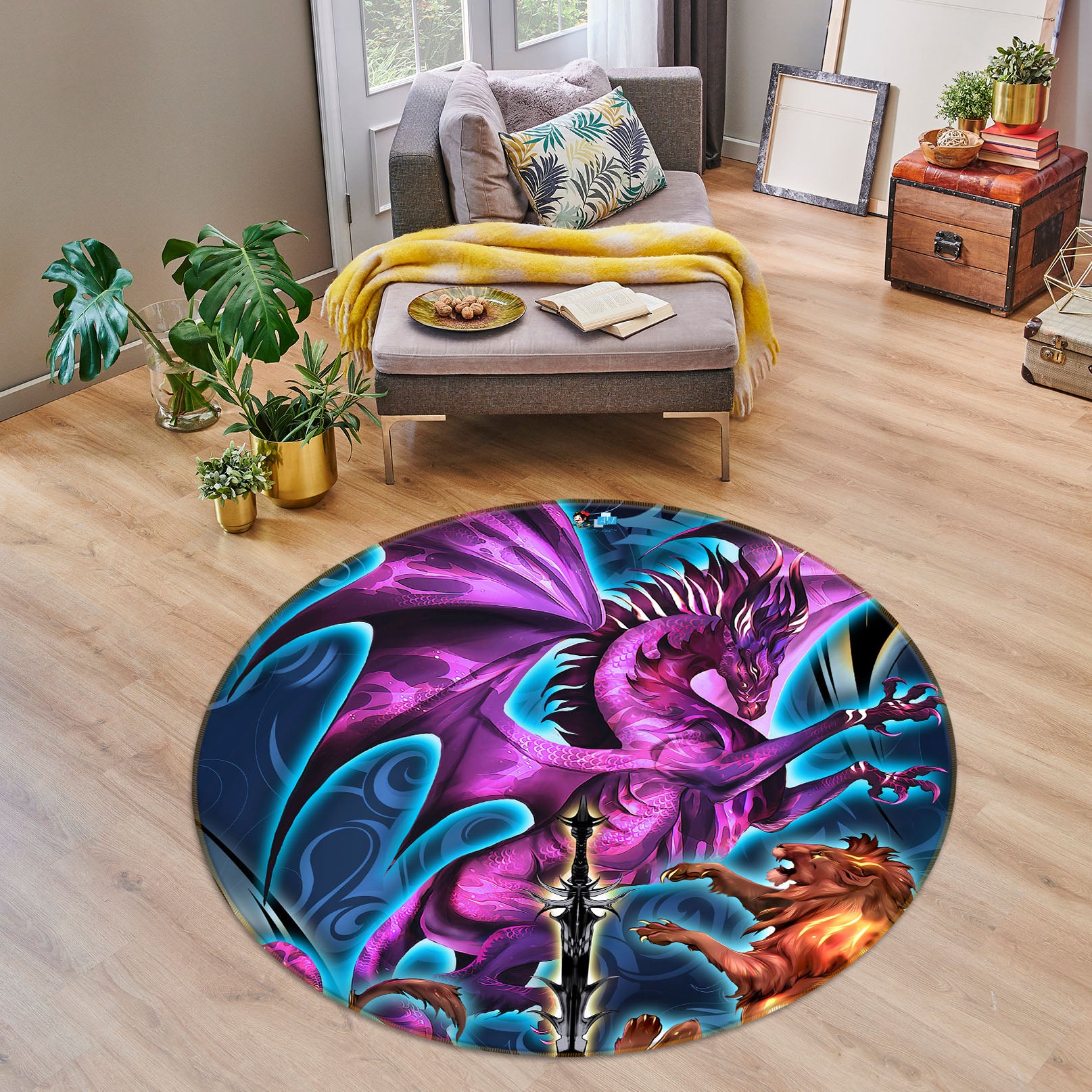 3D Dragon Lion 8365 Ruth Thompson Rug Round Non Slip Rug Mat