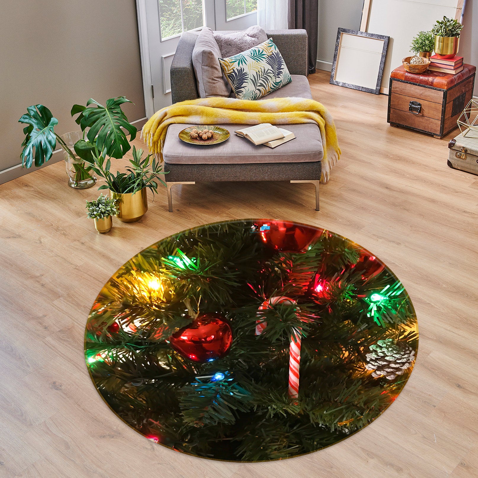 3D Color Ball Pendant 55252 Christmas Round Non Slip Rug Mat Xmas