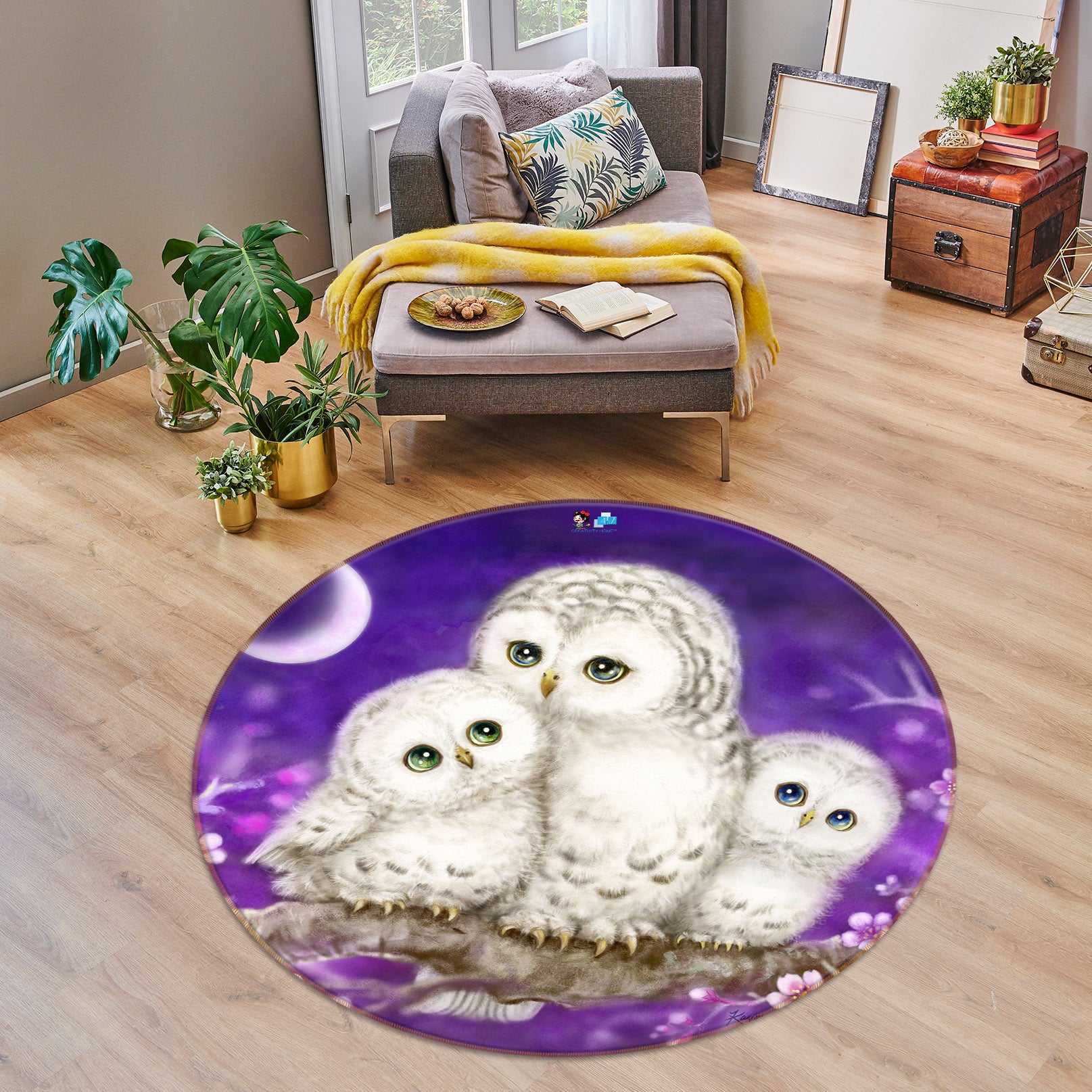 3D Owl Family 6046 Kayomi Harai Rug Round Non Slip Rug Mat