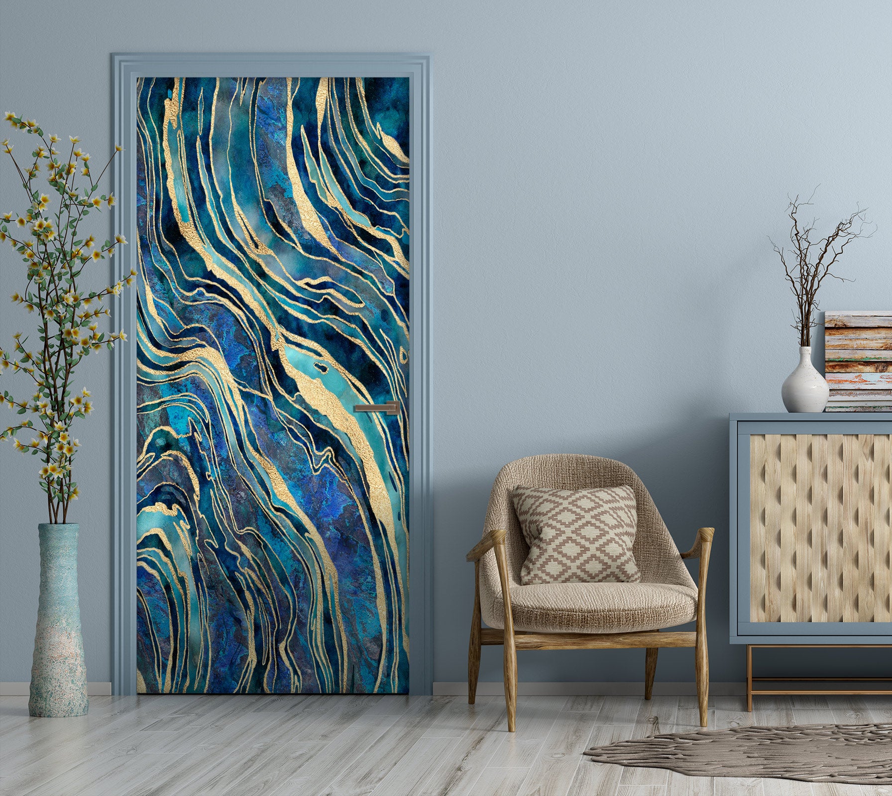3D Teal Gold Stripes Pattern 10284 Andrea Haase Door Mural