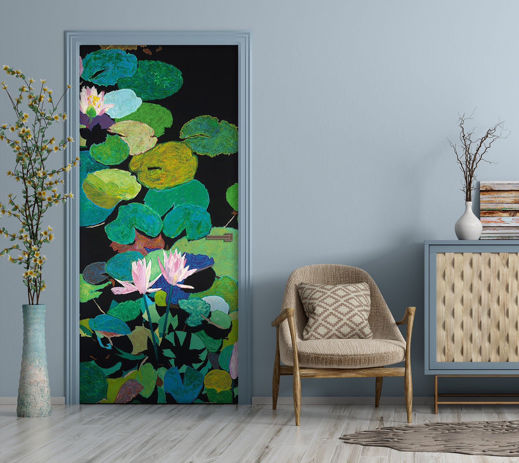 3D Pink Lotus Leaf Pool Painting 93222 Allan P. Friedlander Door Mural